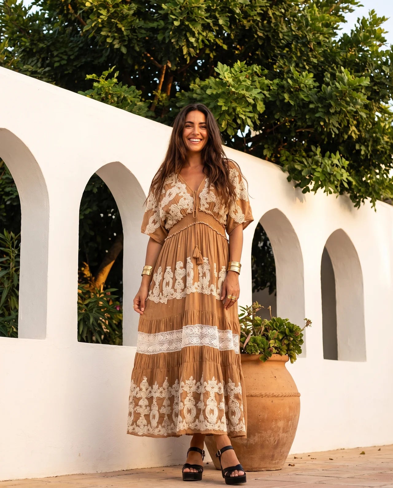 Haizea Long Maxi Dress  Hand Embroidered Boho Elegance with Intricate Sequin Detailing