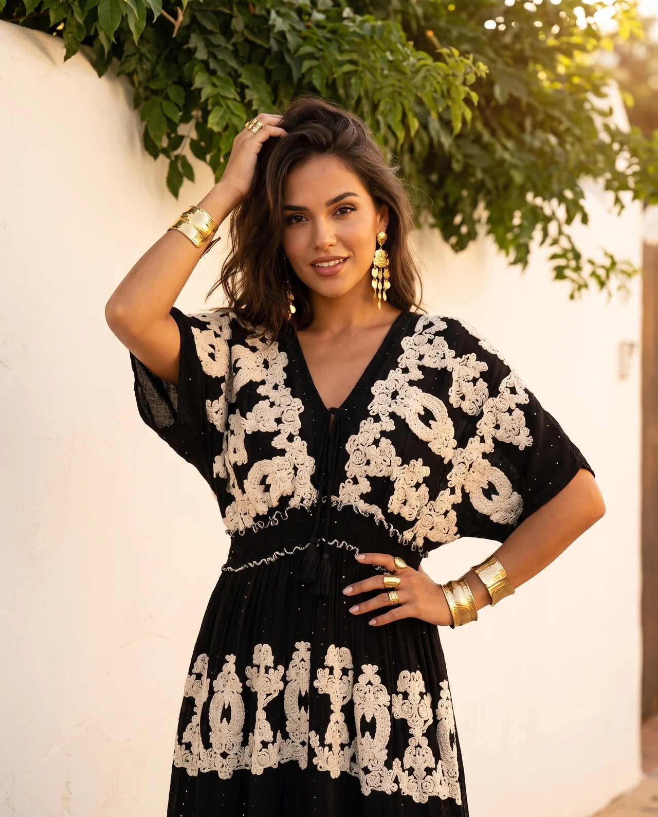 Haizea Long Maxi Dress  Hand Embroidered Boho Elegance with Intricate Sequin Detailing