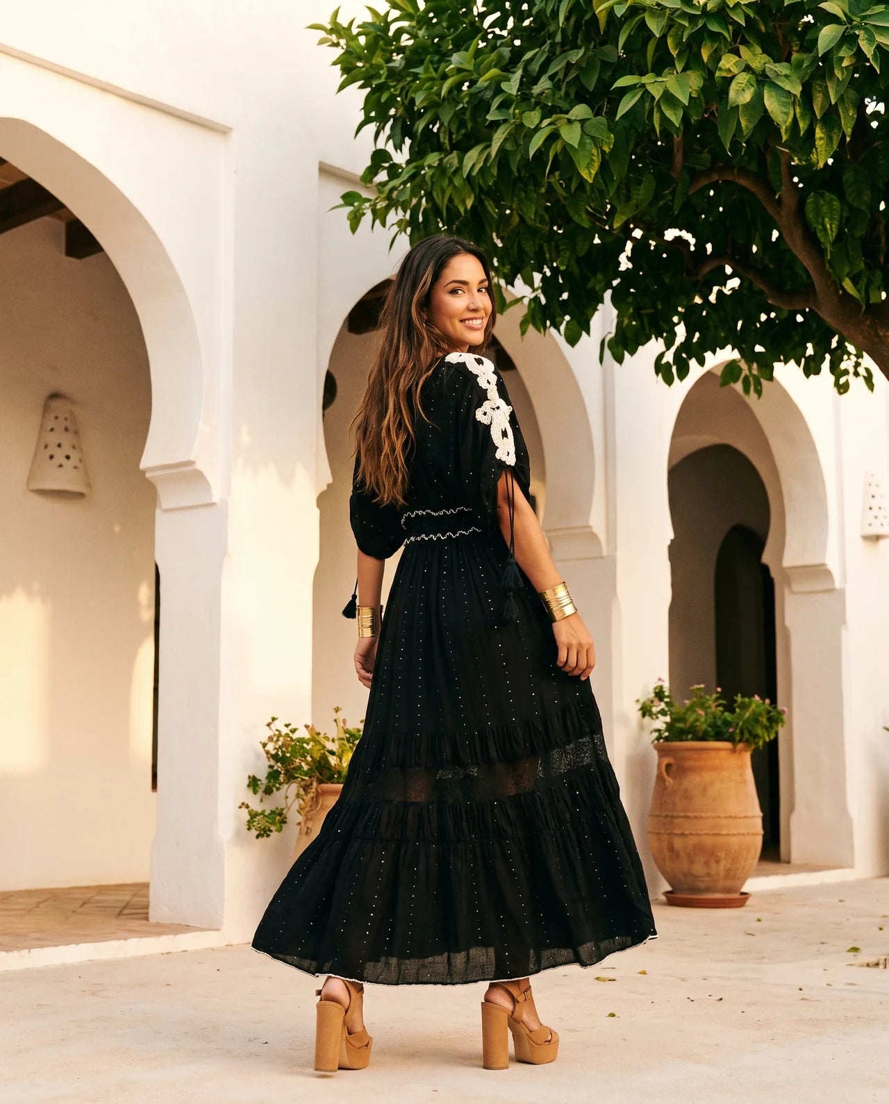 Haizea Long Maxi Dress  Hand Embroidered Boho Elegance with Intricate Sequin Detailing
