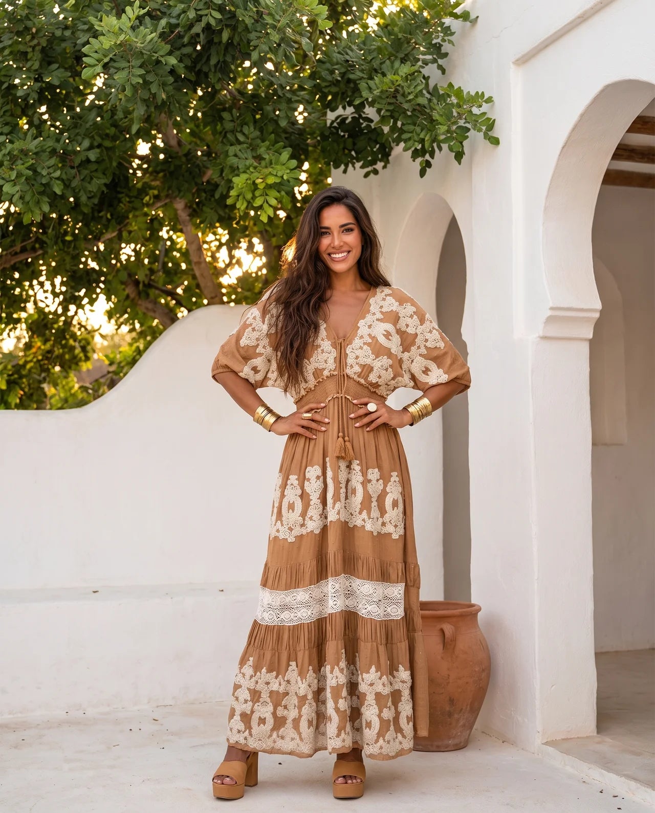 Haizea Long Maxi Dress  Hand Embroidered Boho Elegance with Intricate Sequin Detailing