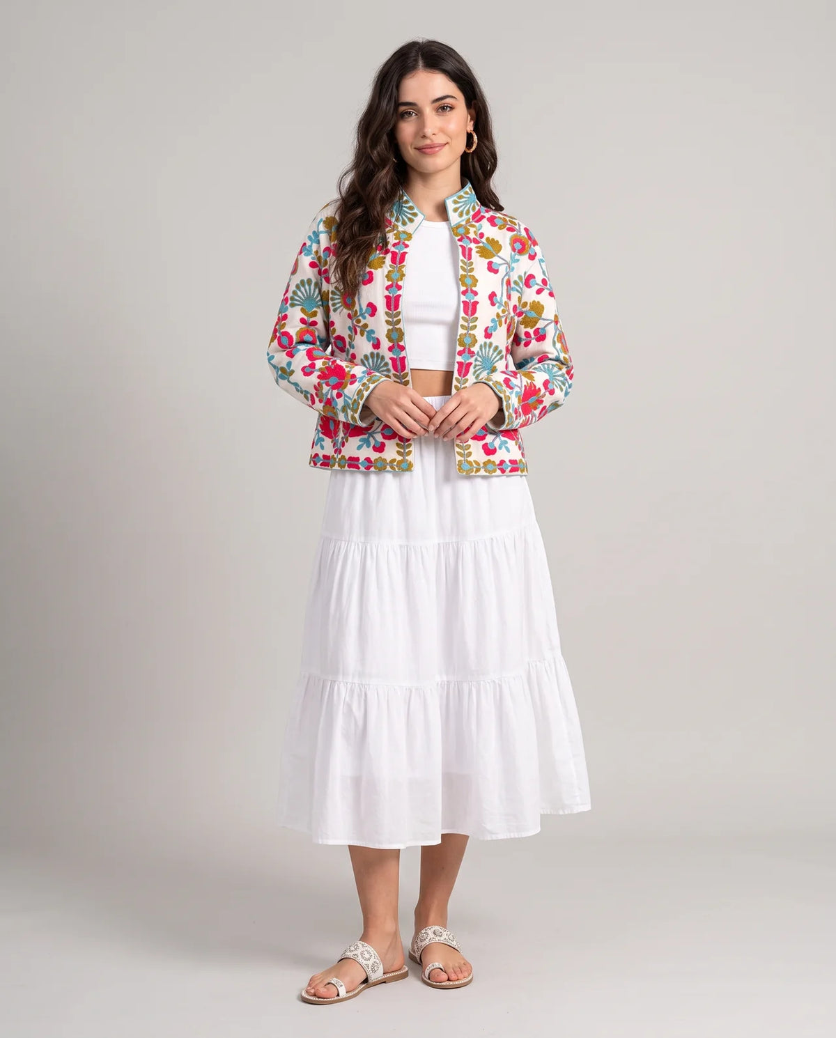 INZI Handcrafted Floral Embroidery Velvet & Cotton Jacket