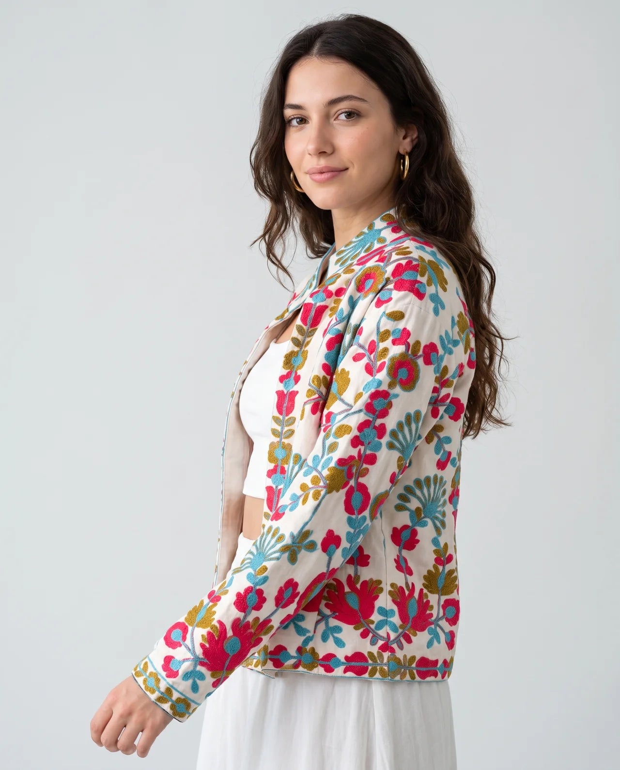 INZI Handcrafted Floral Embroidery Velvet & Cotton Jacket