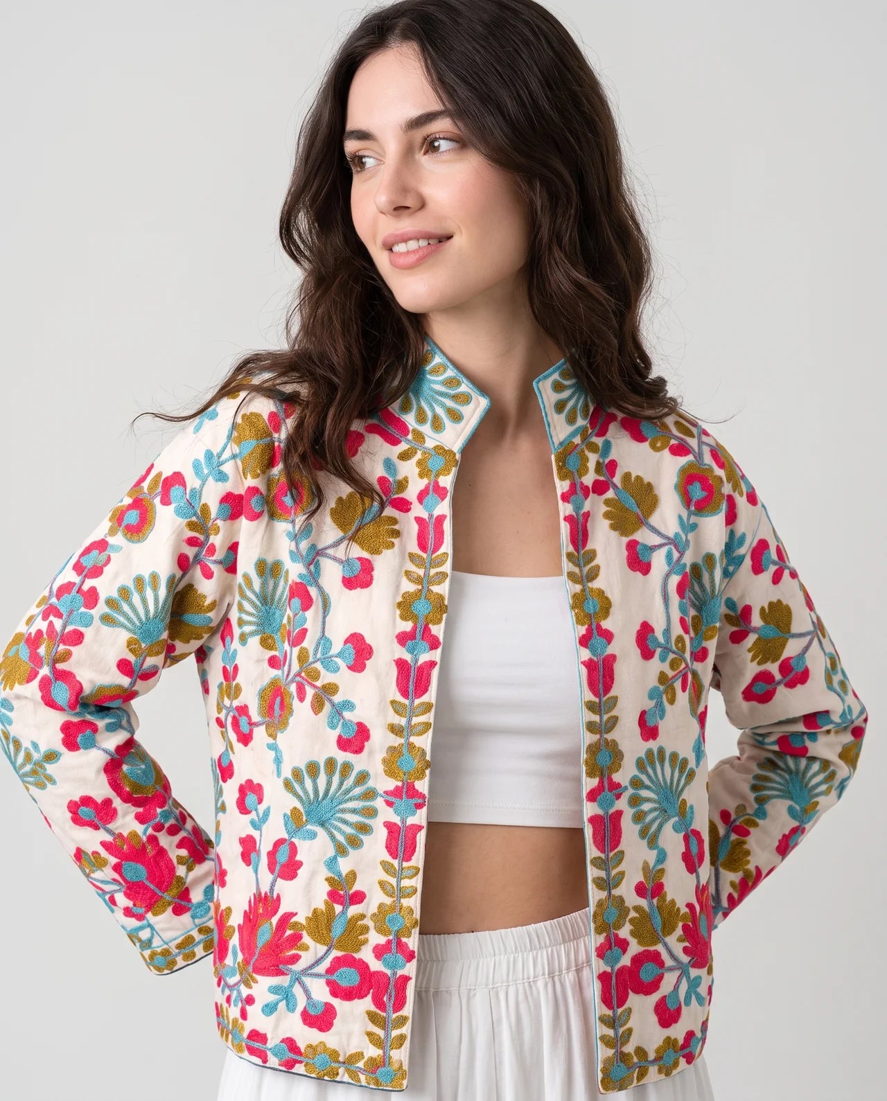 INZI Handcrafted Floral Embroidery Velvet & Cotton Jacket