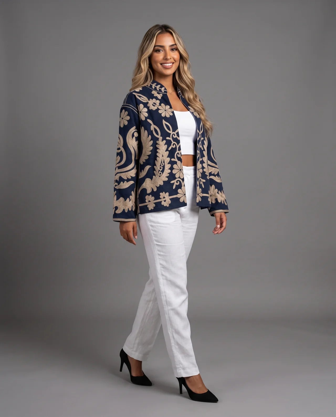 MASHAL Intricate Floral & Paisley Embroidered Velvet & Cotton Jacket