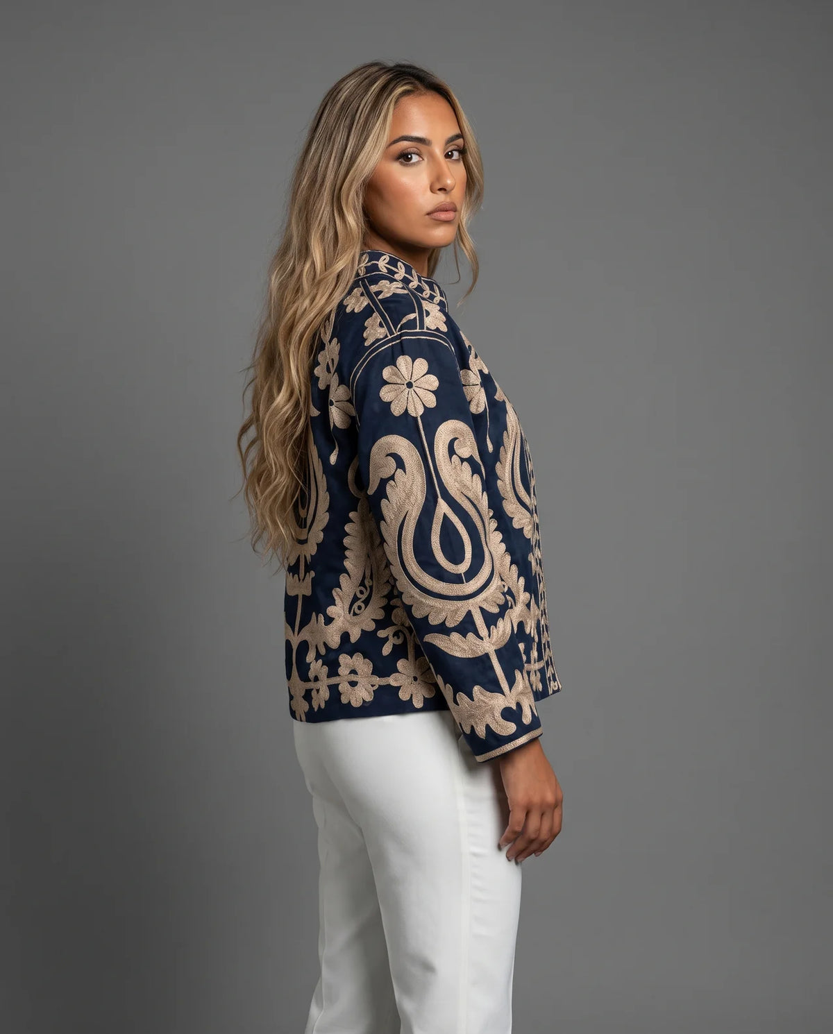 MASHAL Intricate Floral & Paisley Embroidered Velvet & Cotton Jacket