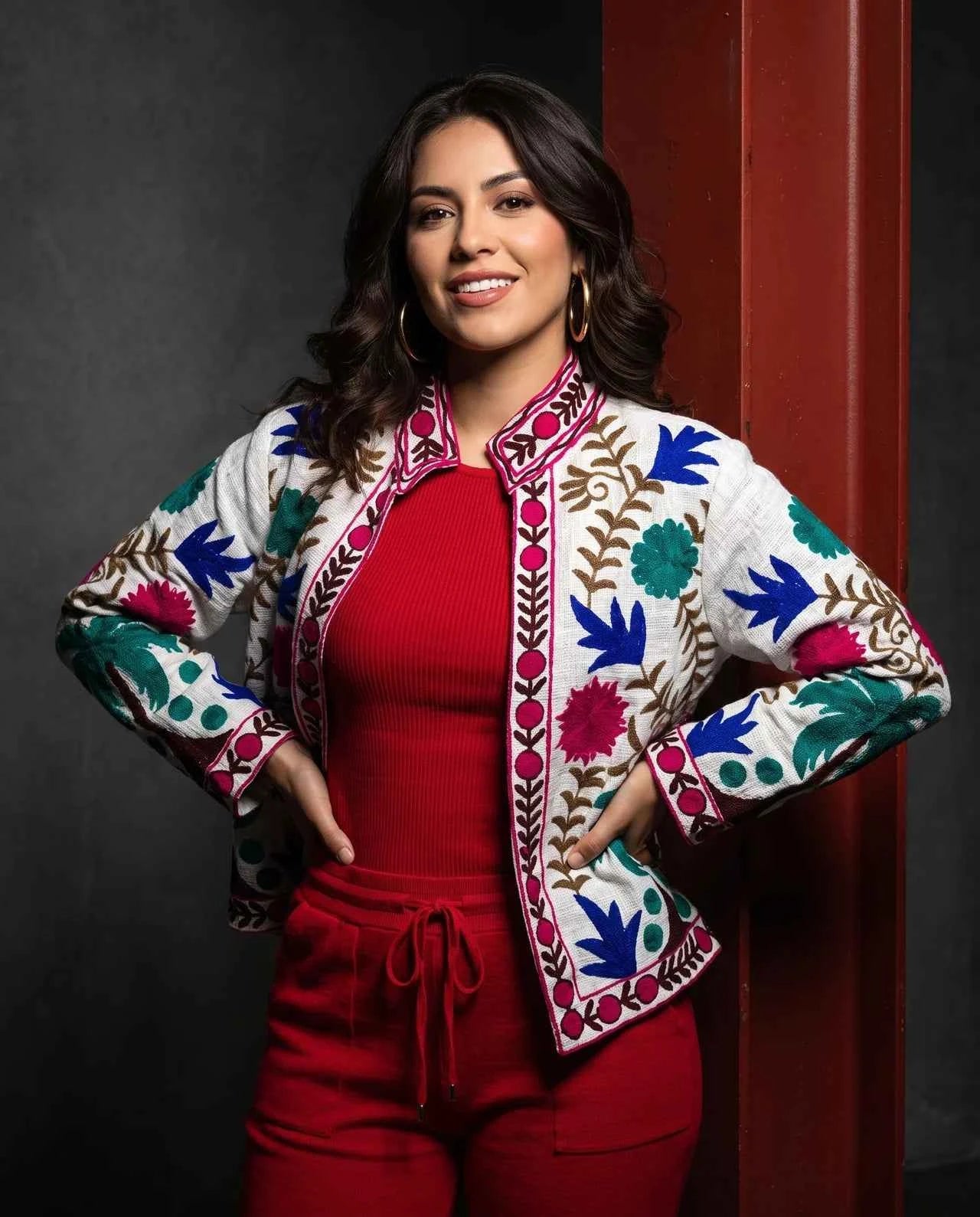 MEREL Signature Cotton Jacket with Multicolor Floral Embroidery & Artisan Trim