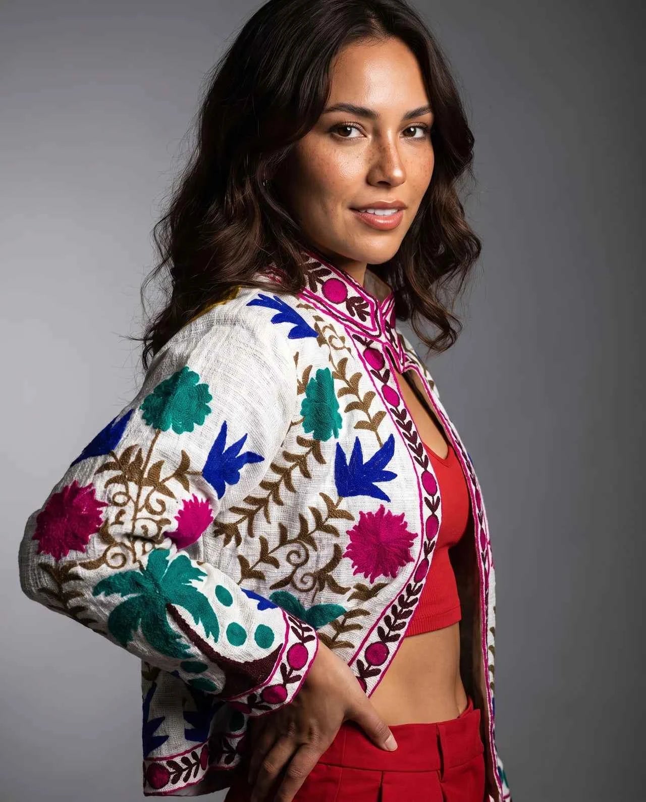 MEREL Signature Cotton Jacket with Multicolor Floral Embroidery & Artisan Trim