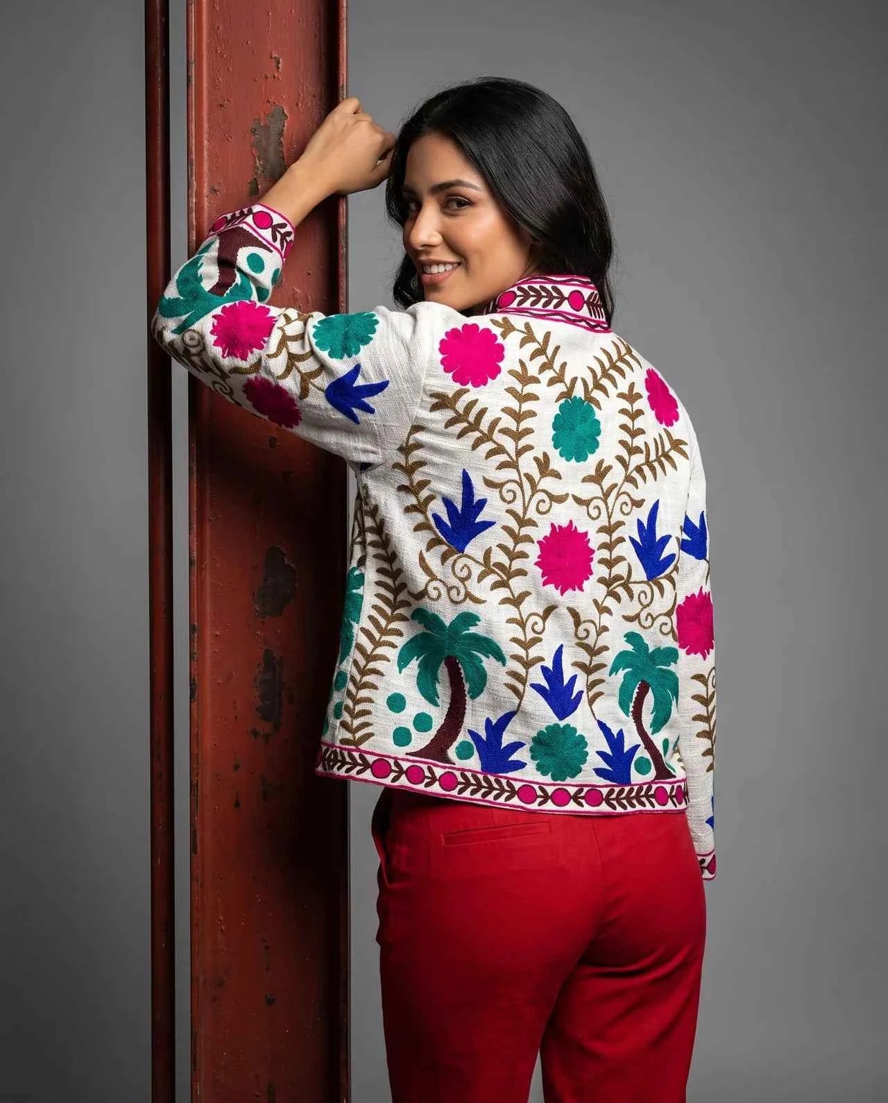 MEREL Signature Cotton Jacket with Multicolor Floral Embroidery & Artisan Trim