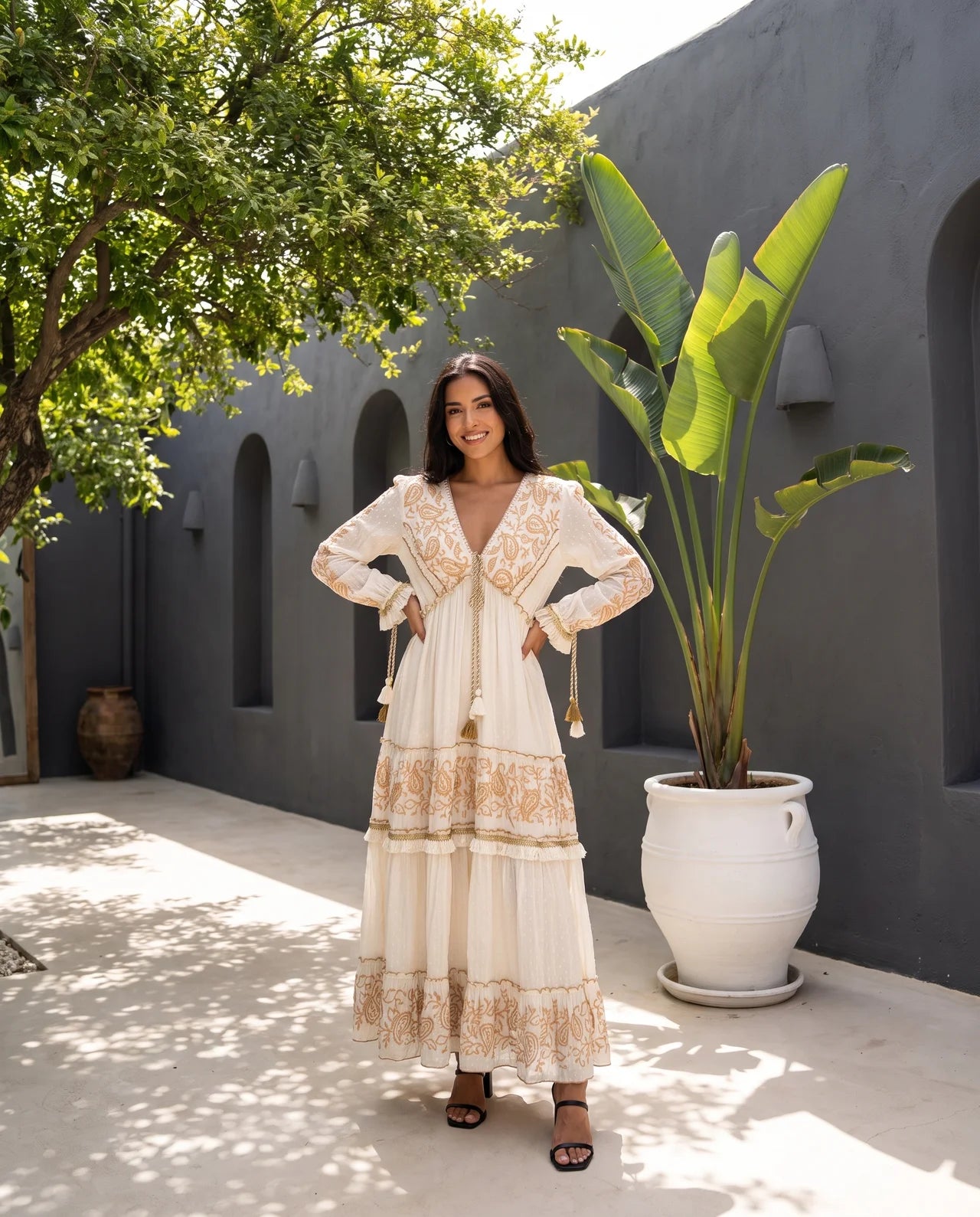 Mihra Long Dress – Hand-Embroidered Cotton Gown with Intricate Sequin Detailing