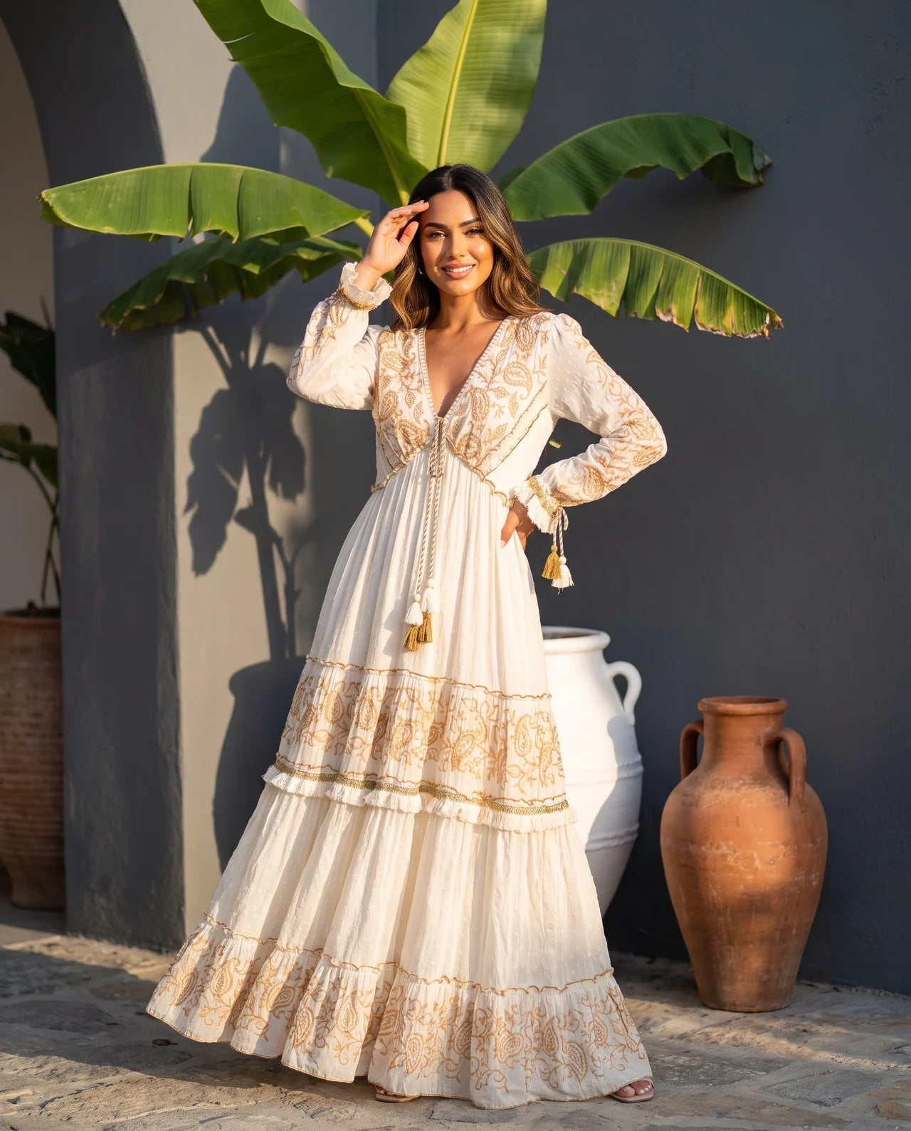Mihra Long Dress – Hand-Embroidered Cotton Gown with Intricate Sequin Detailing