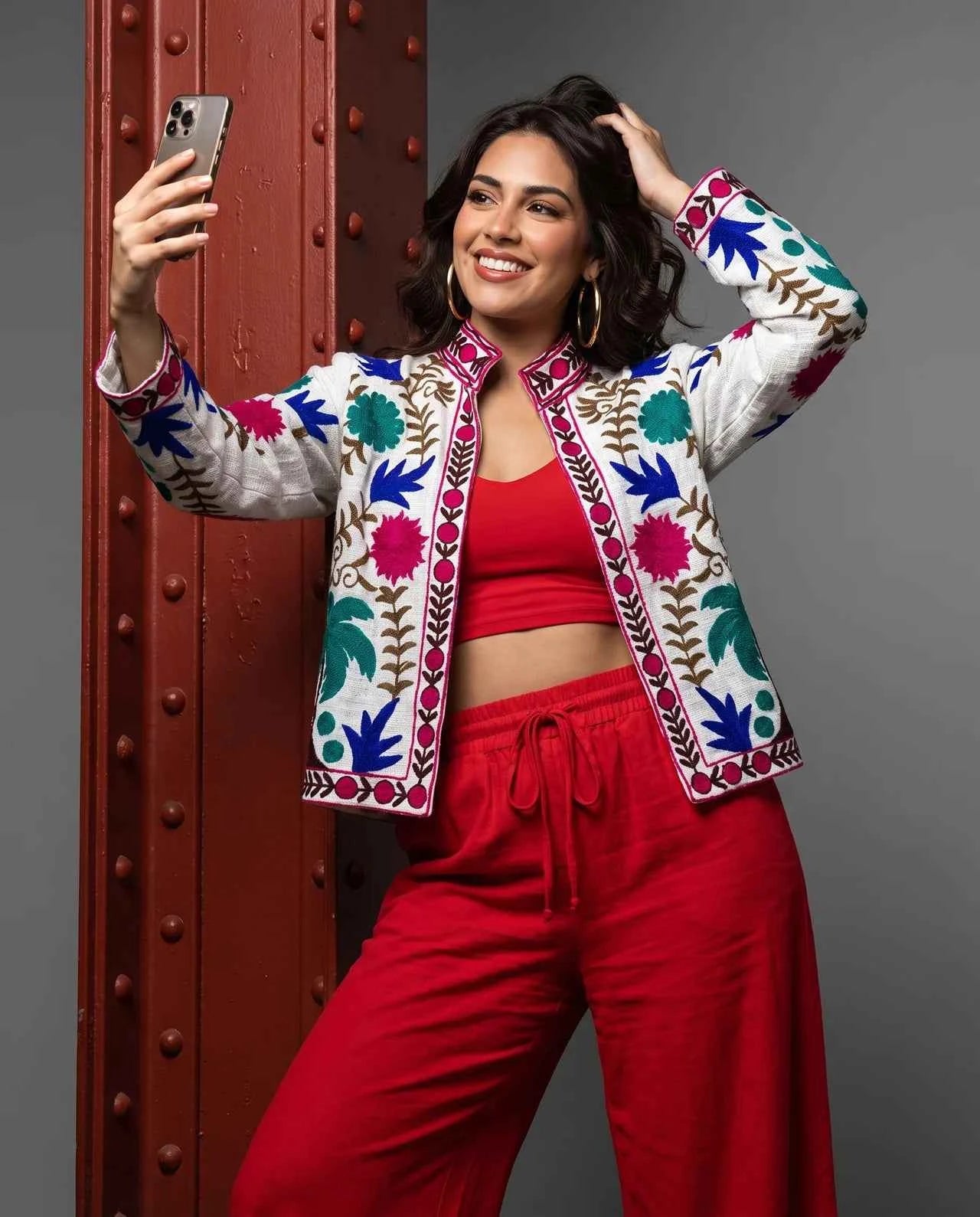 MEREL Signature Cotton Jacket with Multicolor Floral Embroidery & Artisan Trim