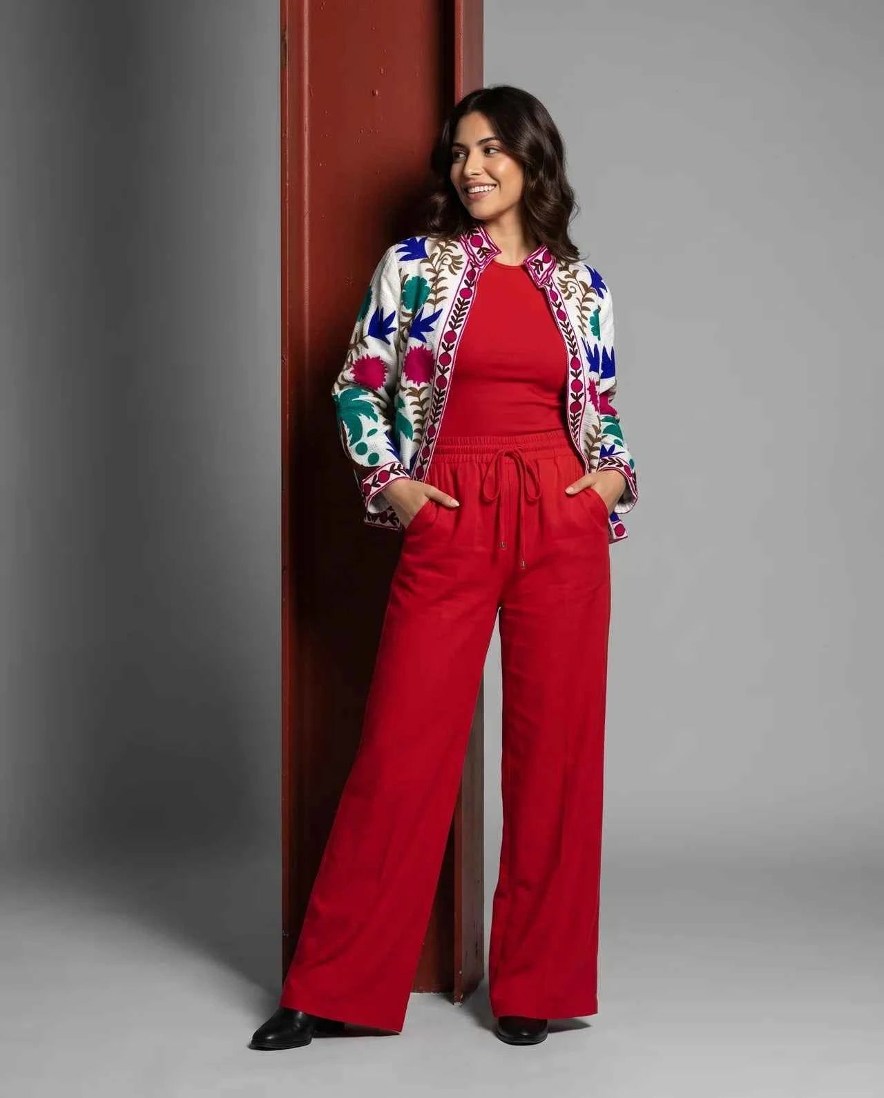 MEREL Signature Cotton Jacket with Multicolor Floral Embroidery & Artisan Trim