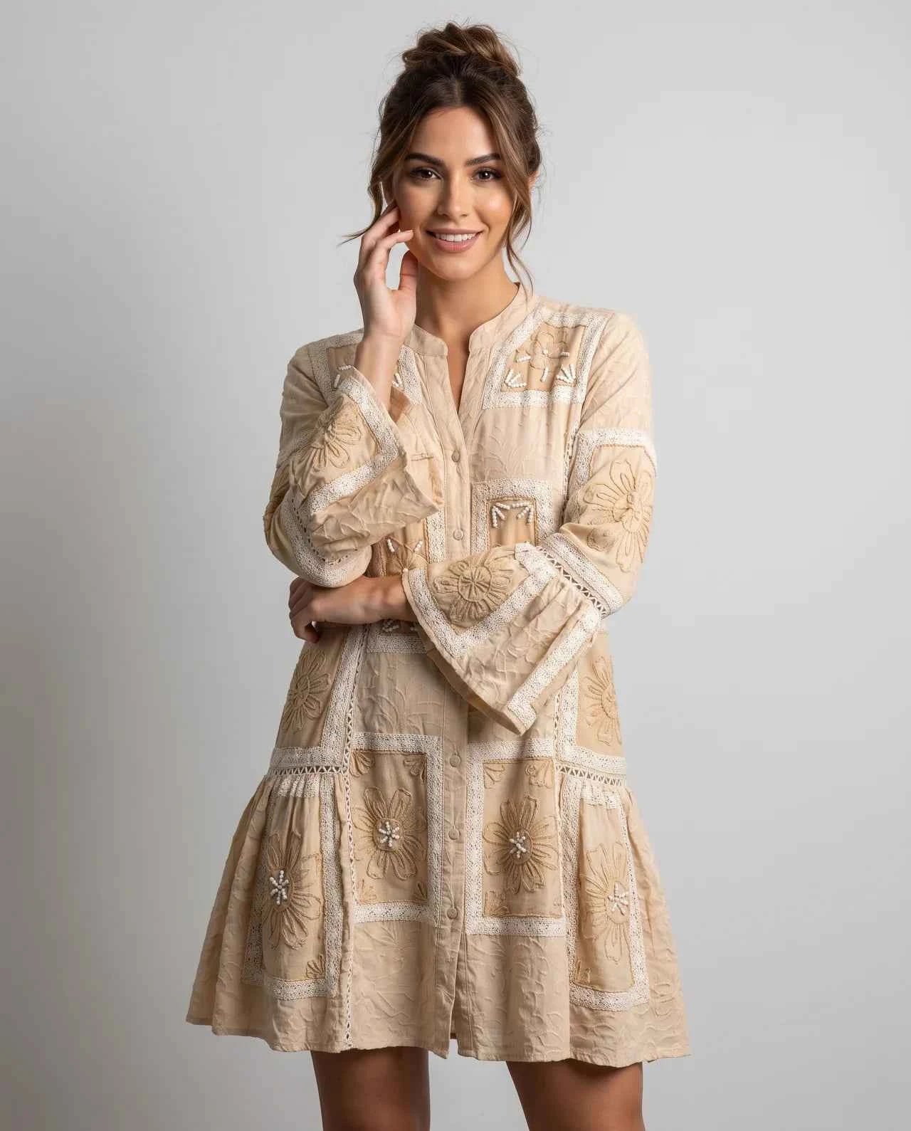 NAYAM Short Tunic Signature Floral Embroidery, Artisan Panels & Lace Detailing