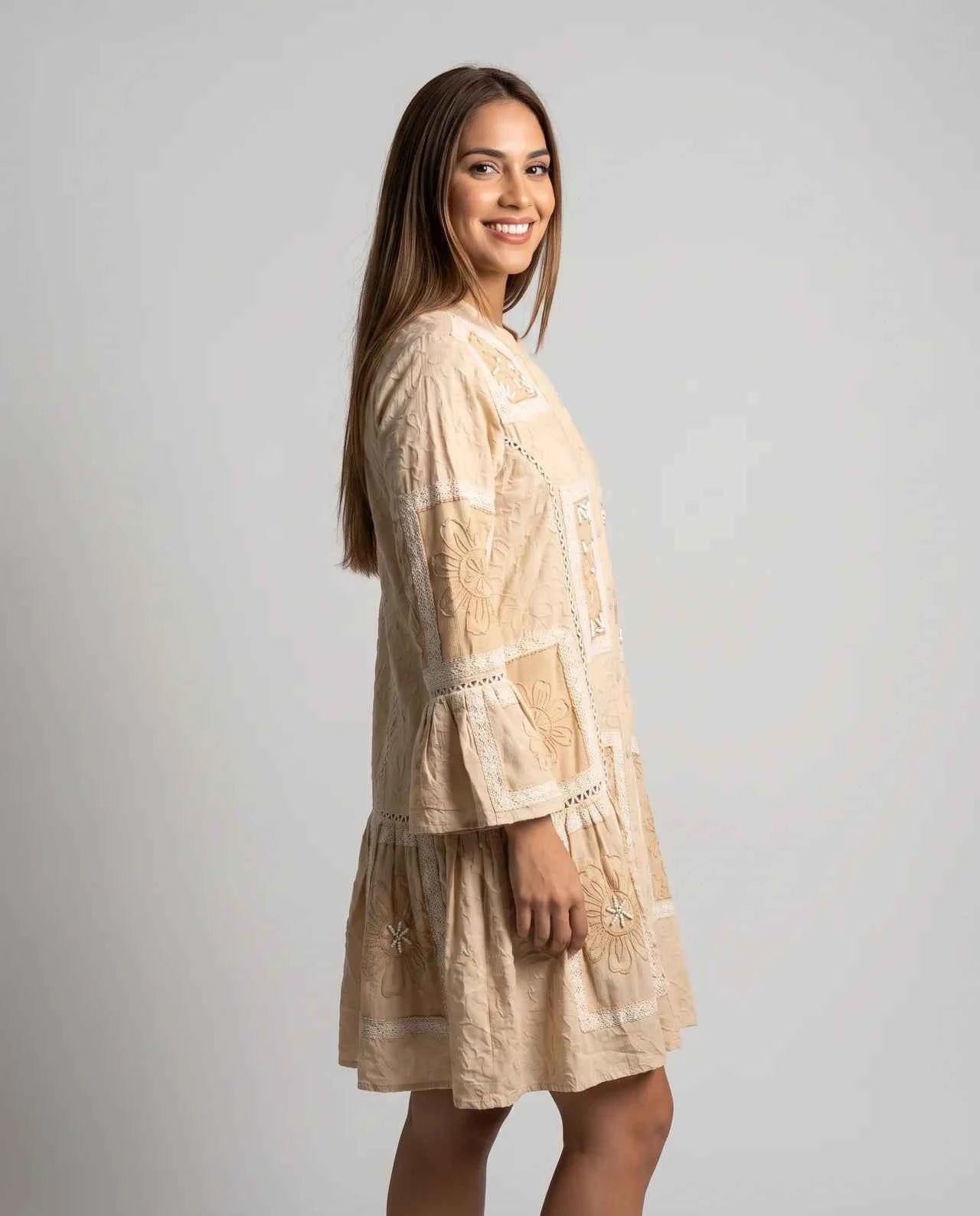 NAYAM Short Tunic Signature Floral Embroidery, Artisan Panels & Lace Detailing
