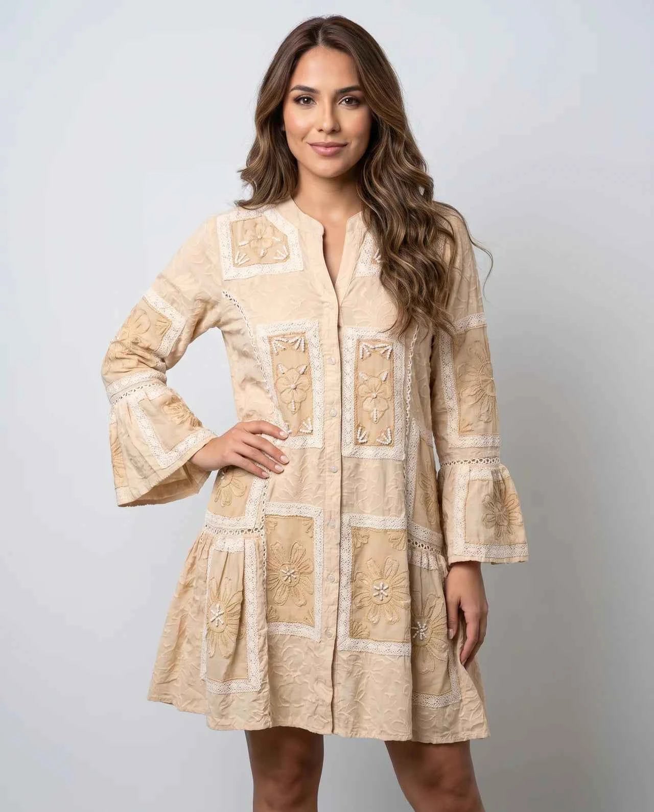 NAYAM Short Tunic Signature Floral Embroidery, Artisan Panels & Lace Detailing