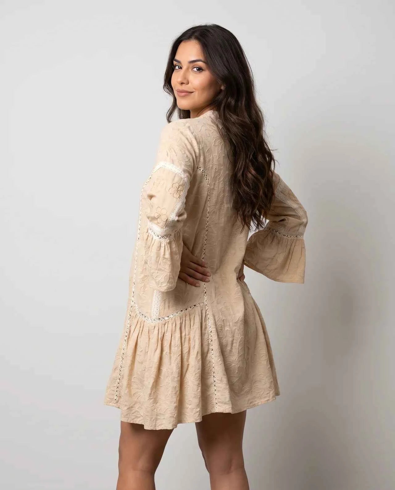 NAYAM Short Tunic Signature Floral Embroidery, Artisan Panels & Lace Detailing