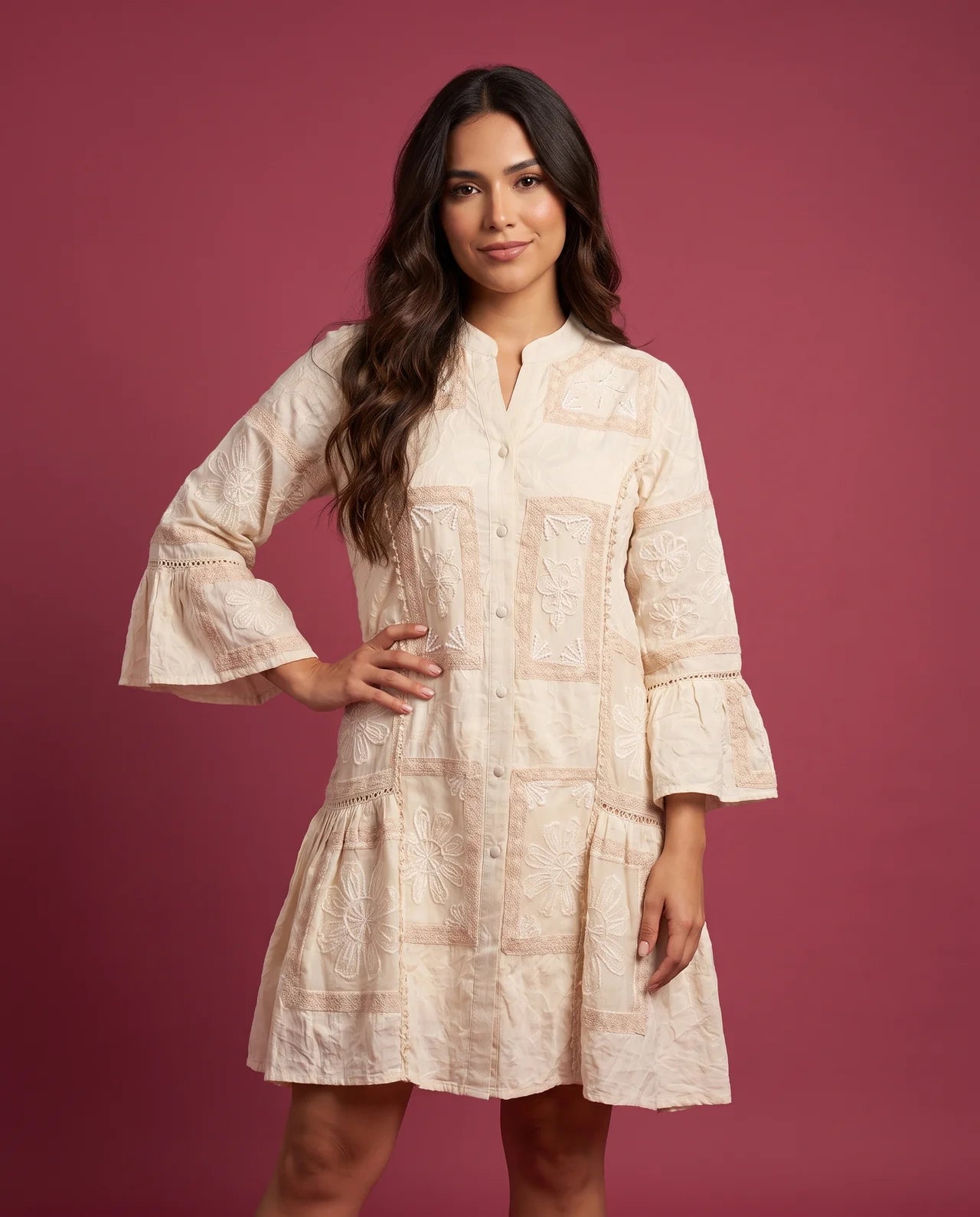 NAYAM Short Tunic Signature Floral Embroidery, Artisan Panels & Lace Detailing