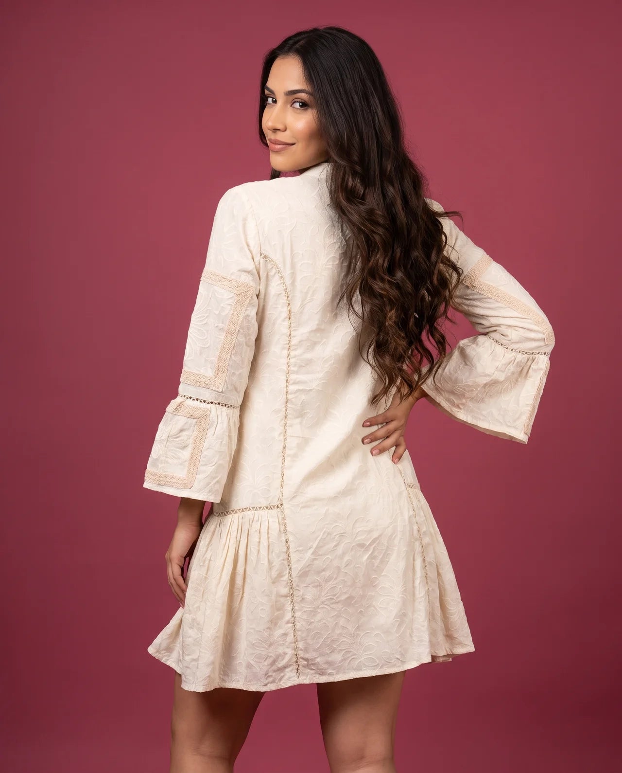 NAYAM Short Tunic Signature Floral Embroidery, Artisan Panels & Lace Detailing