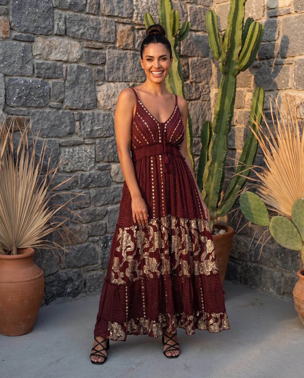 NOUN – Exquisite Viscose Strap Maxi Dress with Intricate Lurex Motifs, Handcrafted Embellishments & Signature Boho Elegance