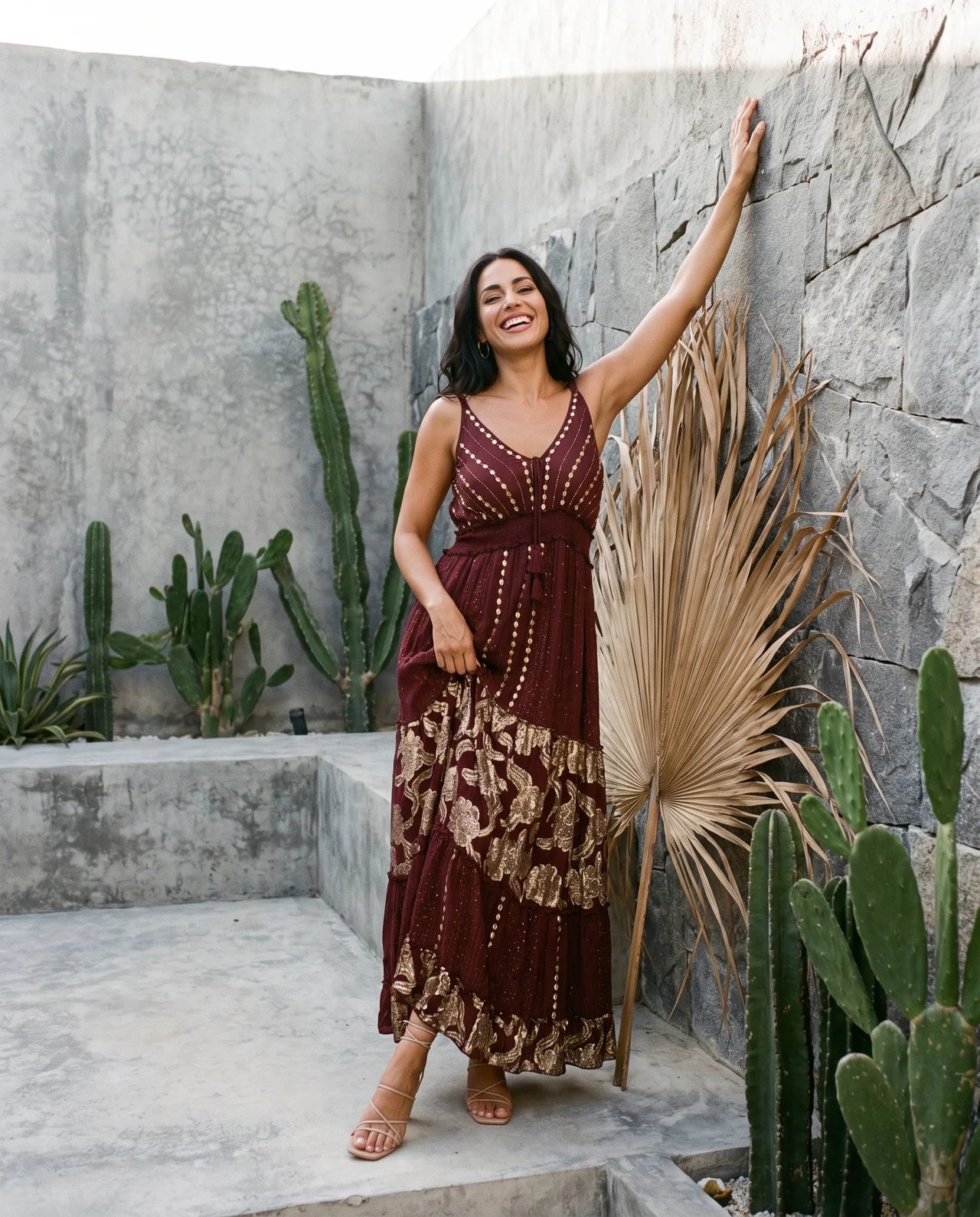 NOUN – Exquisite Viscose Strap Maxi Dress with Intricate Lurex Motifs, Handcrafted Embellishments & Signature Boho Elegance