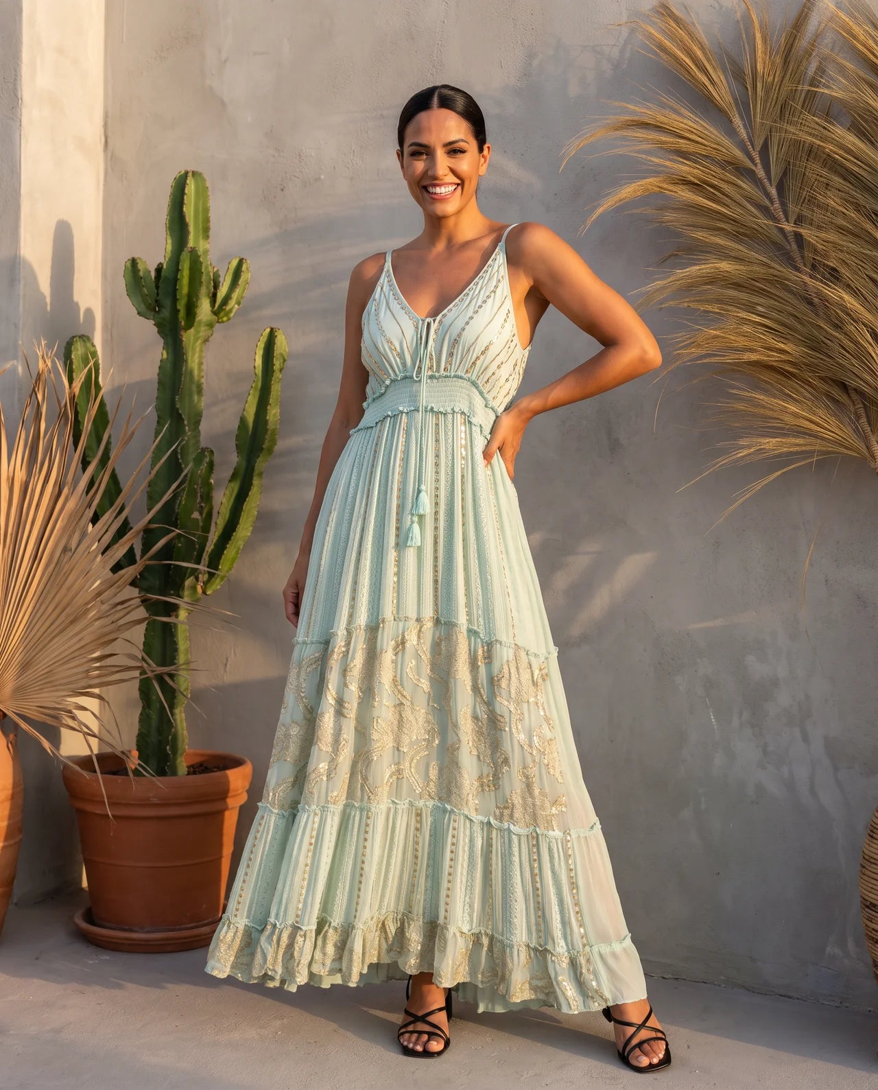 NOUN – Exquisite Viscose Strap Maxi Dress with Intricate Lurex Motifs, Handcrafted Embellishments & Signature Boho Elegance
