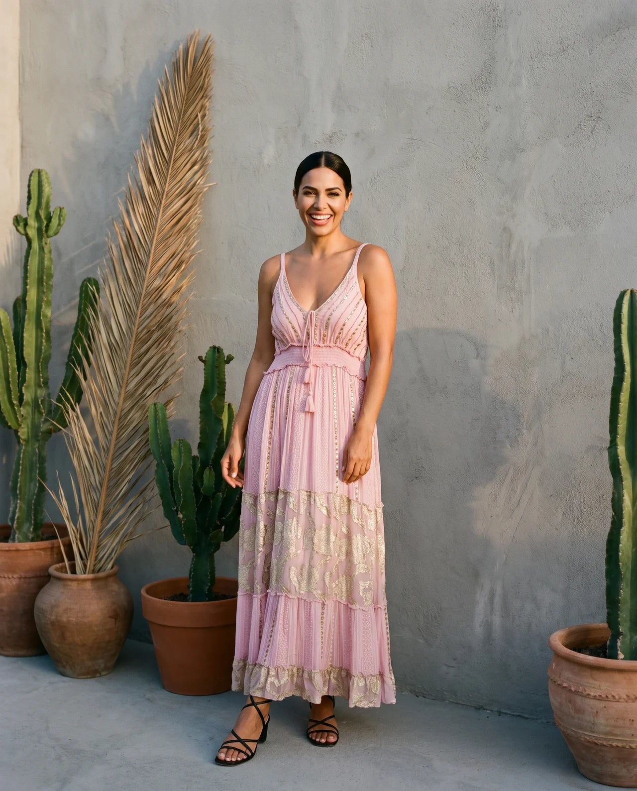 NOUN – Exquisite Viscose Strap Maxi Dress with Intricate Lurex Motifs, Handcrafted Embellishments & Signature Boho Elegance