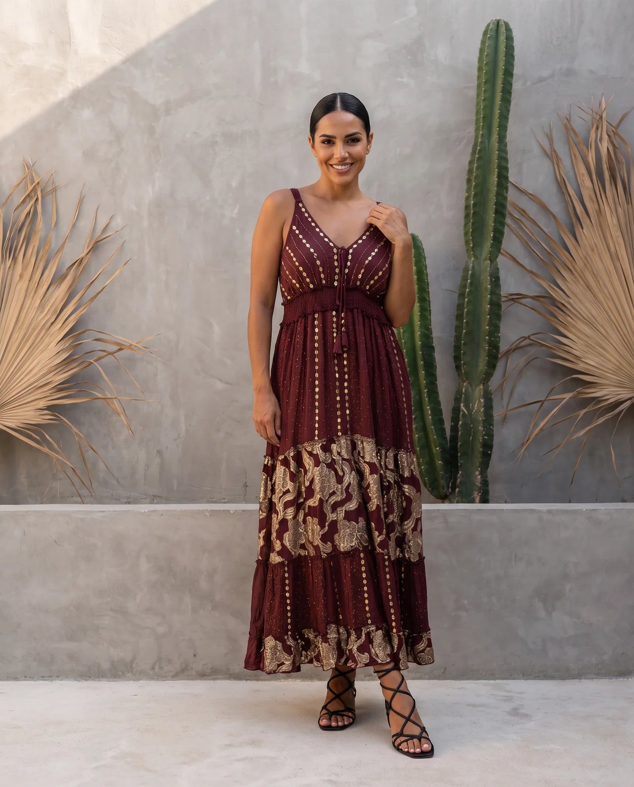 NOUN – Exquisite Viscose Strap Maxi Dress with Intricate Lurex Motifs, Handcrafted Embellishments & Signature Boho Elegance