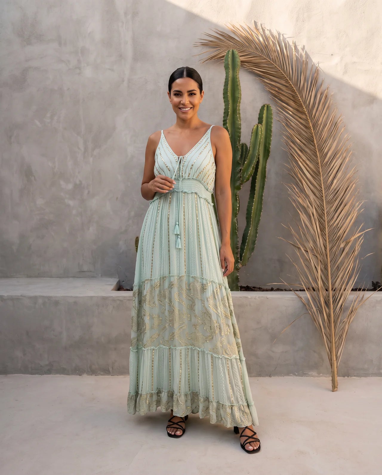 NOUN – Exquisite Viscose Strap Maxi Dress with Intricate Lurex Motifs, Handcrafted Embellishments & Signature Boho Elegance