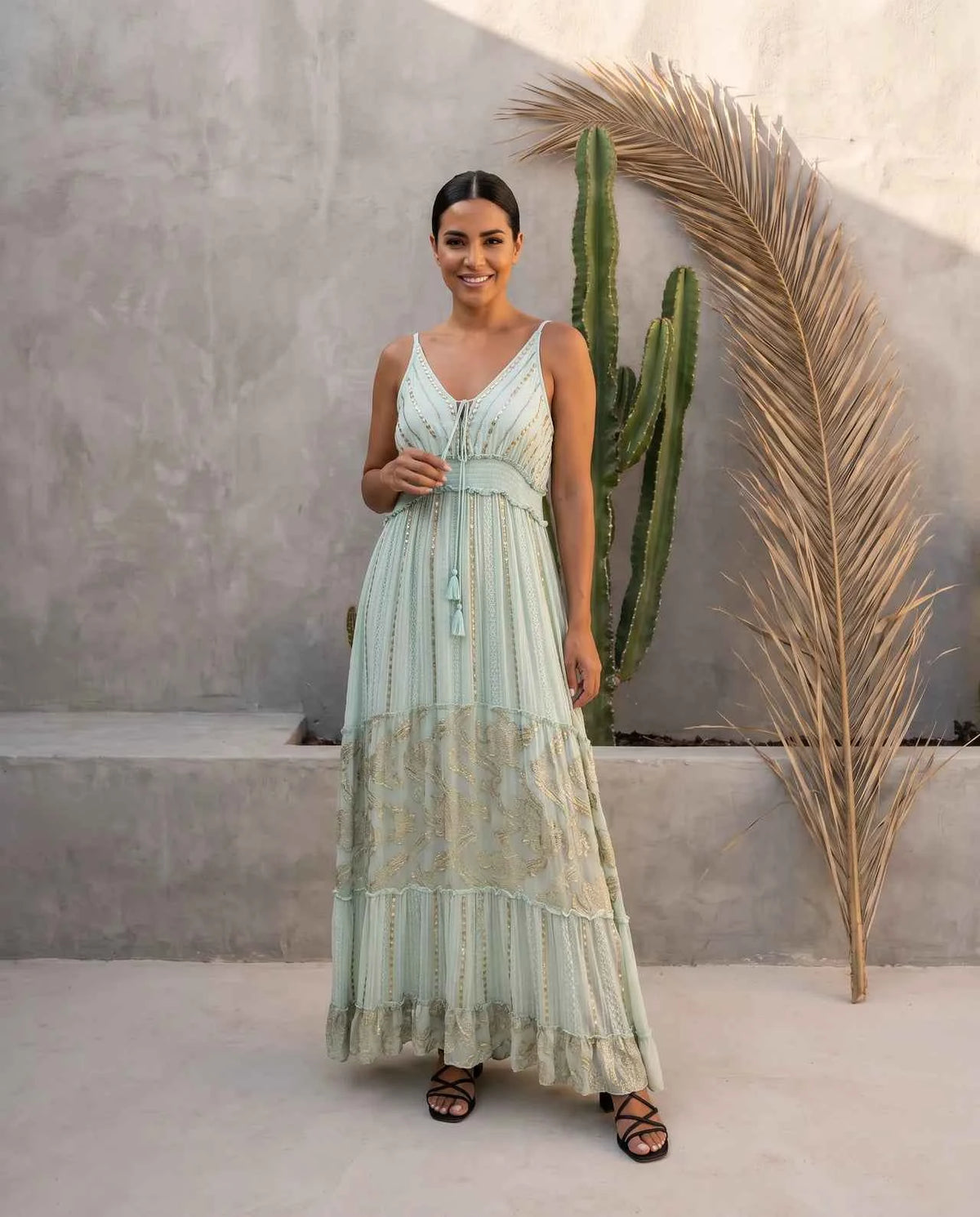NOUN – Exquisite Viscose Strap Maxi Dress with Intricate Lurex Motifs, Handcrafted Embellishments & Signature Boho Elegance