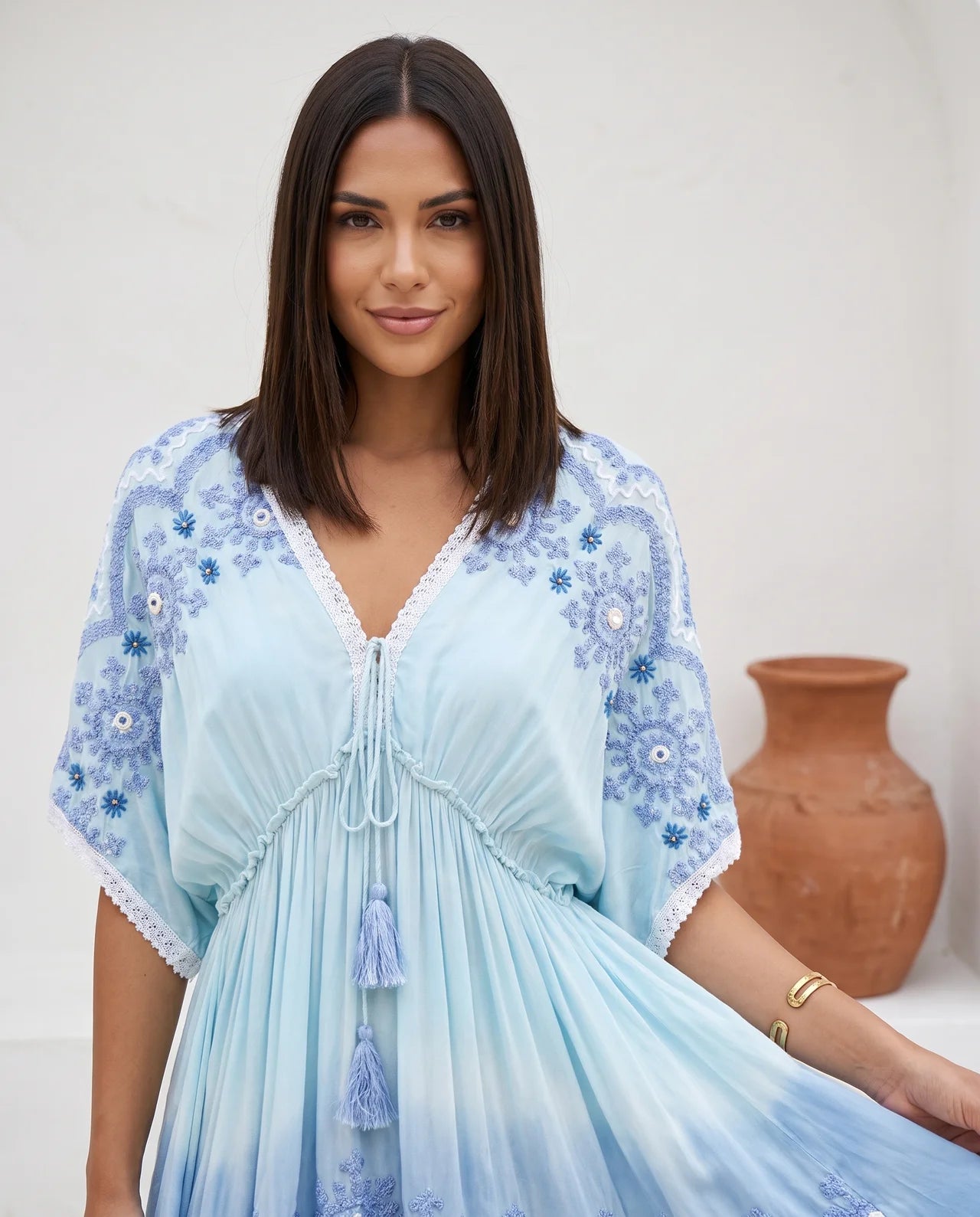 THURAYA Embroidered Viscose Bohemian Dress with Delicate Floral Details & Artisan Tassels