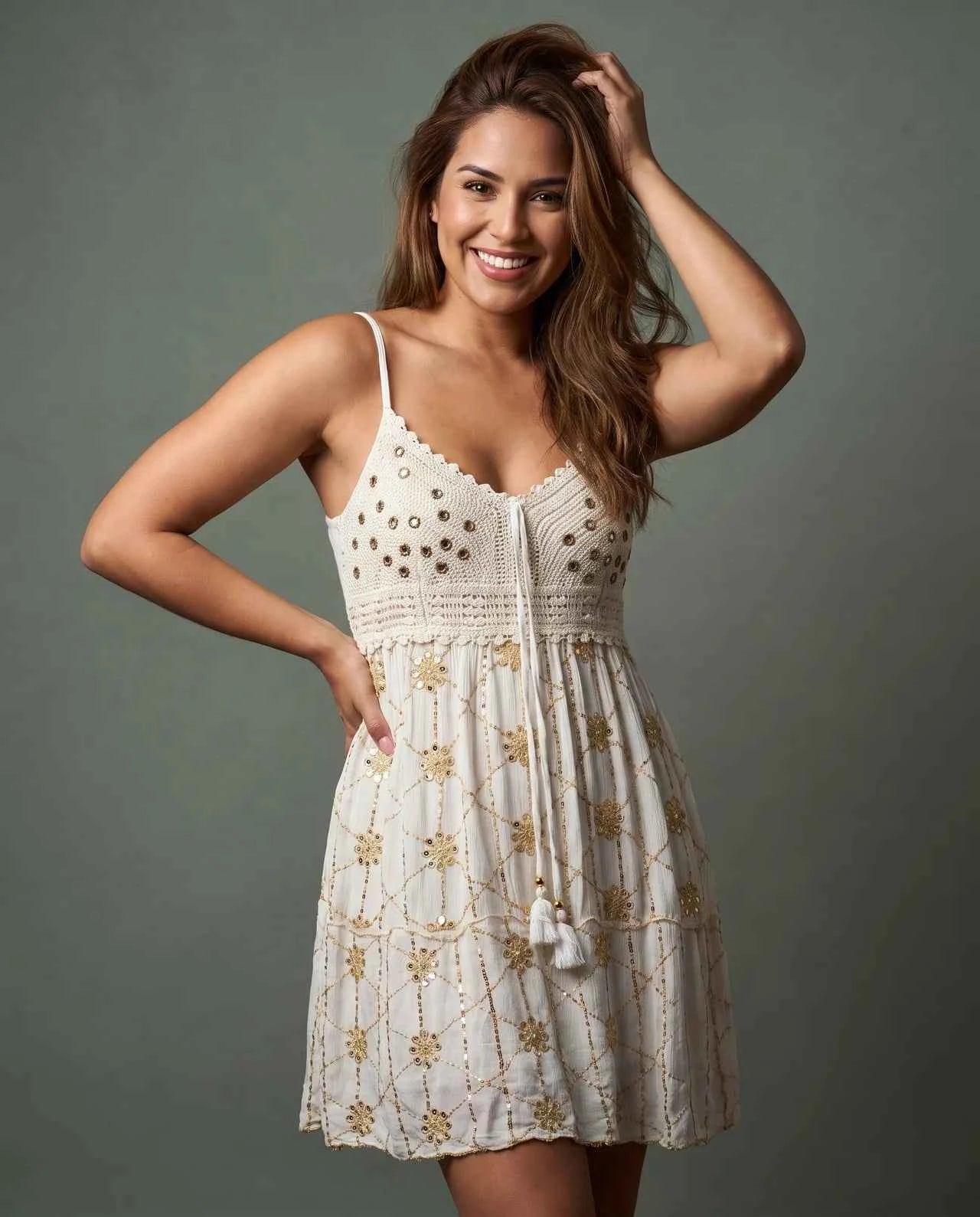 Lujain Short Dress – Luxurious Flowing Viscose Short Dress Hand-Embellished with Transparent Crystal Details