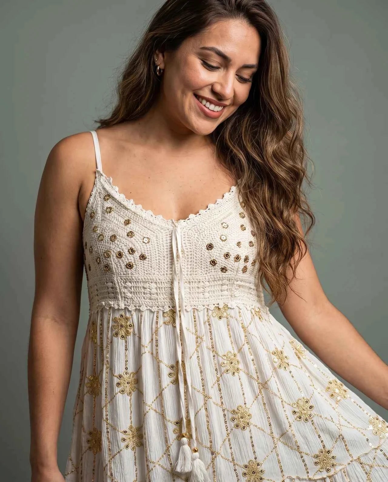 Lujain Short Dress – Luxurious Flowing Viscose Short Dress Hand-Embellished with Transparent Crystal Details