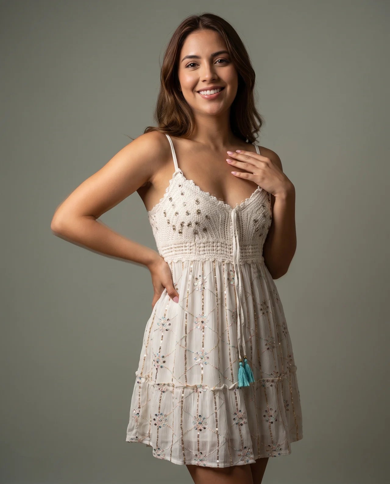 Lujain Short Dress – Luxurious Flowing Viscose Short Dress Hand-Embellished with Transparent Crystal Details