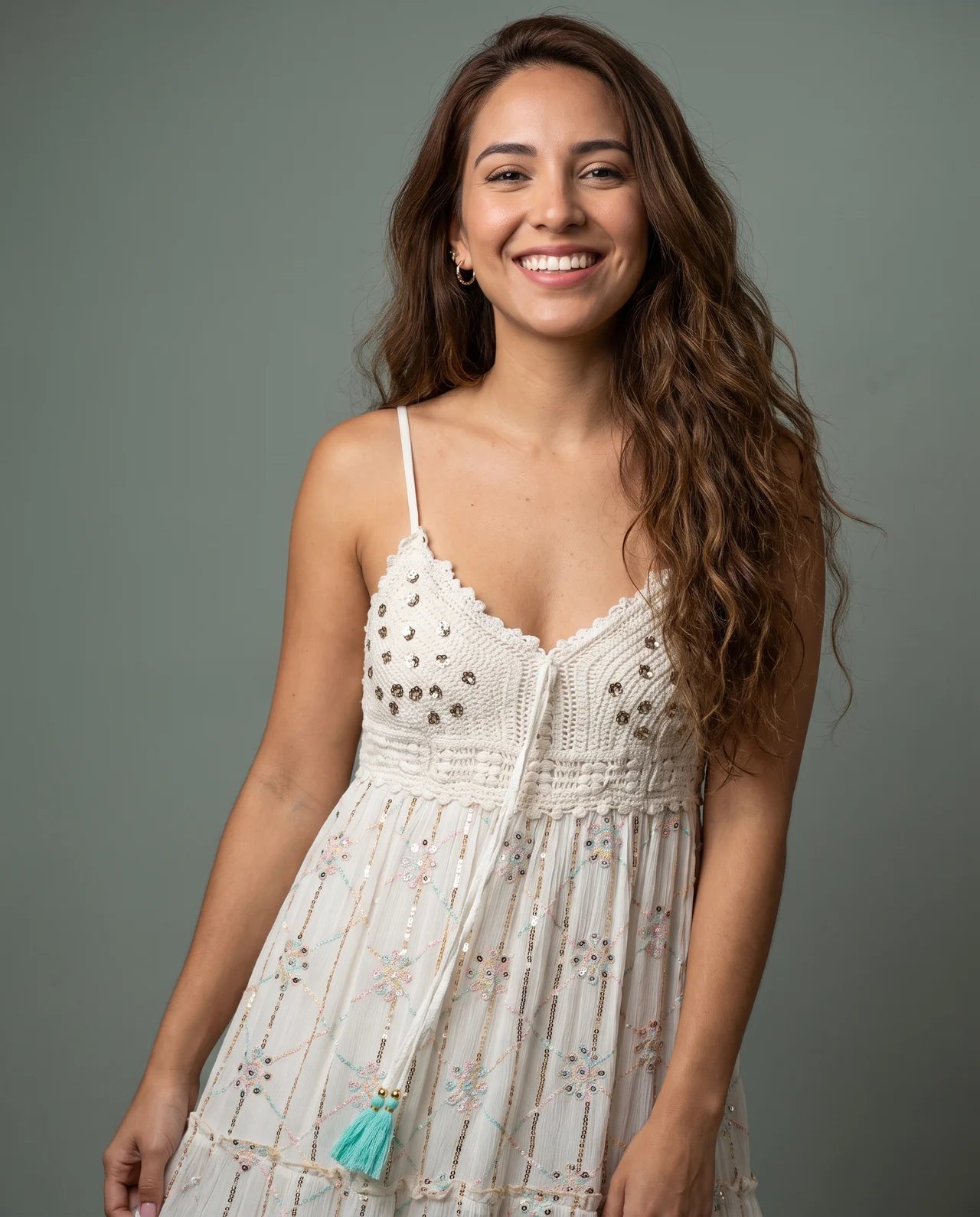 Lujain Short Dress – Luxurious Flowing Viscose Short Dress Hand-Embellished with Transparent Crystal Details