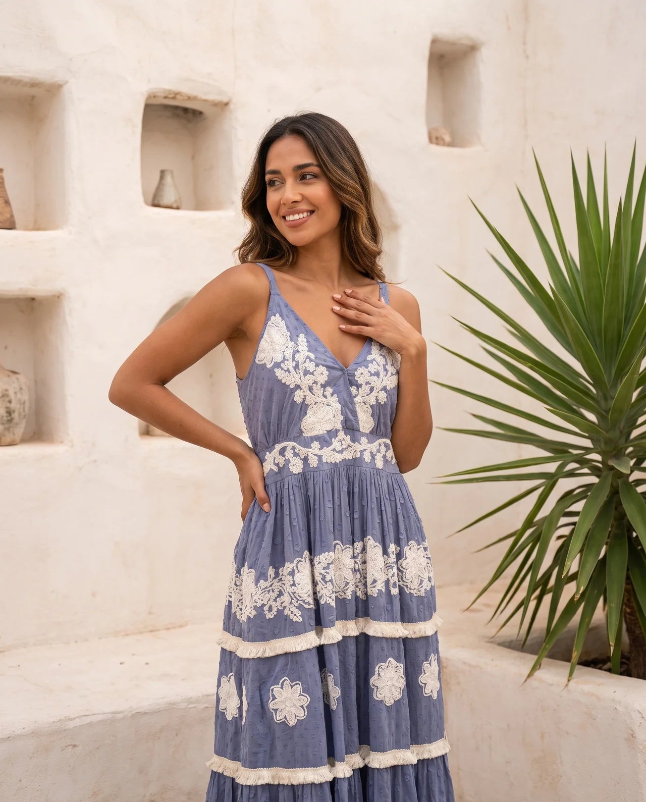 Vesa Strap Long Dress – Exquisite Hand-Embroidered Cotton Gown with Timeless Bohemian Elegance