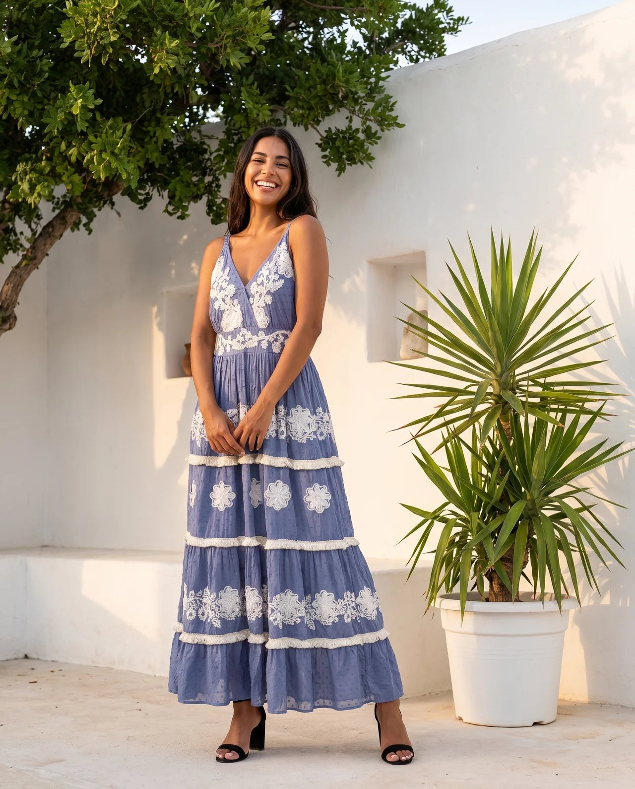 Vesa Strap Long Dress – Exquisite Hand-Embroidered Cotton Gown with Timeless Bohemian Elegance