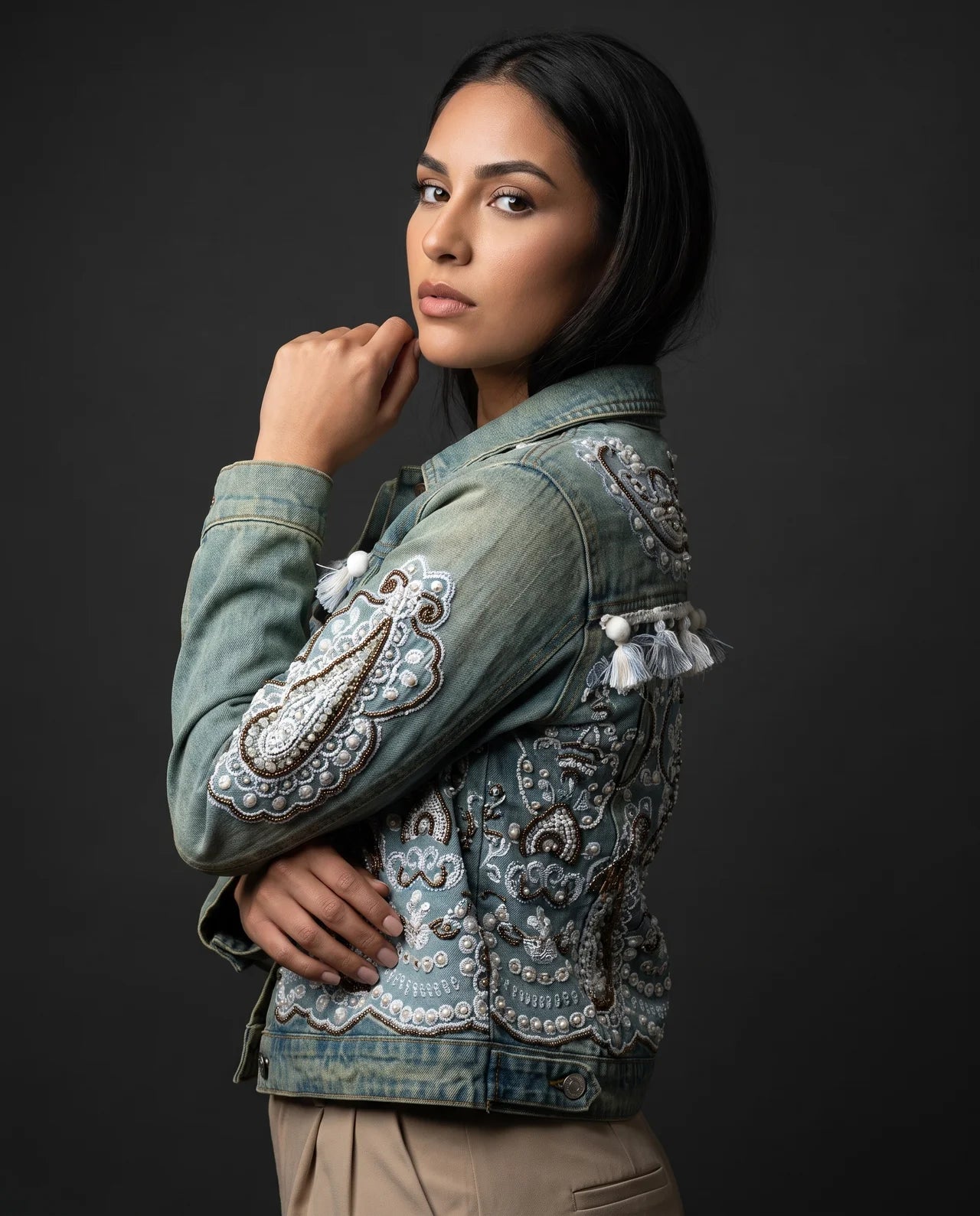 Zarqa Jacket – Handcrafted Denim Adorned with Intricate Embroidery, Sequins & Stonework