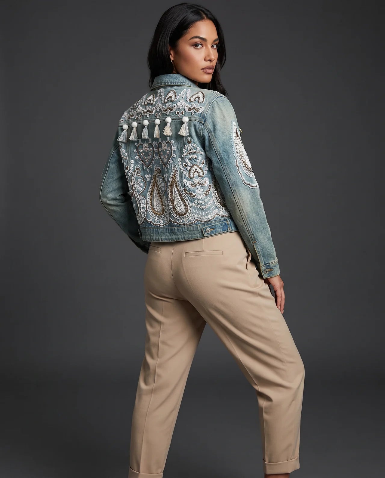 Zarqa Jacket – Handcrafted Denim Adorned with Intricate Embroidery, Sequins & Stonework