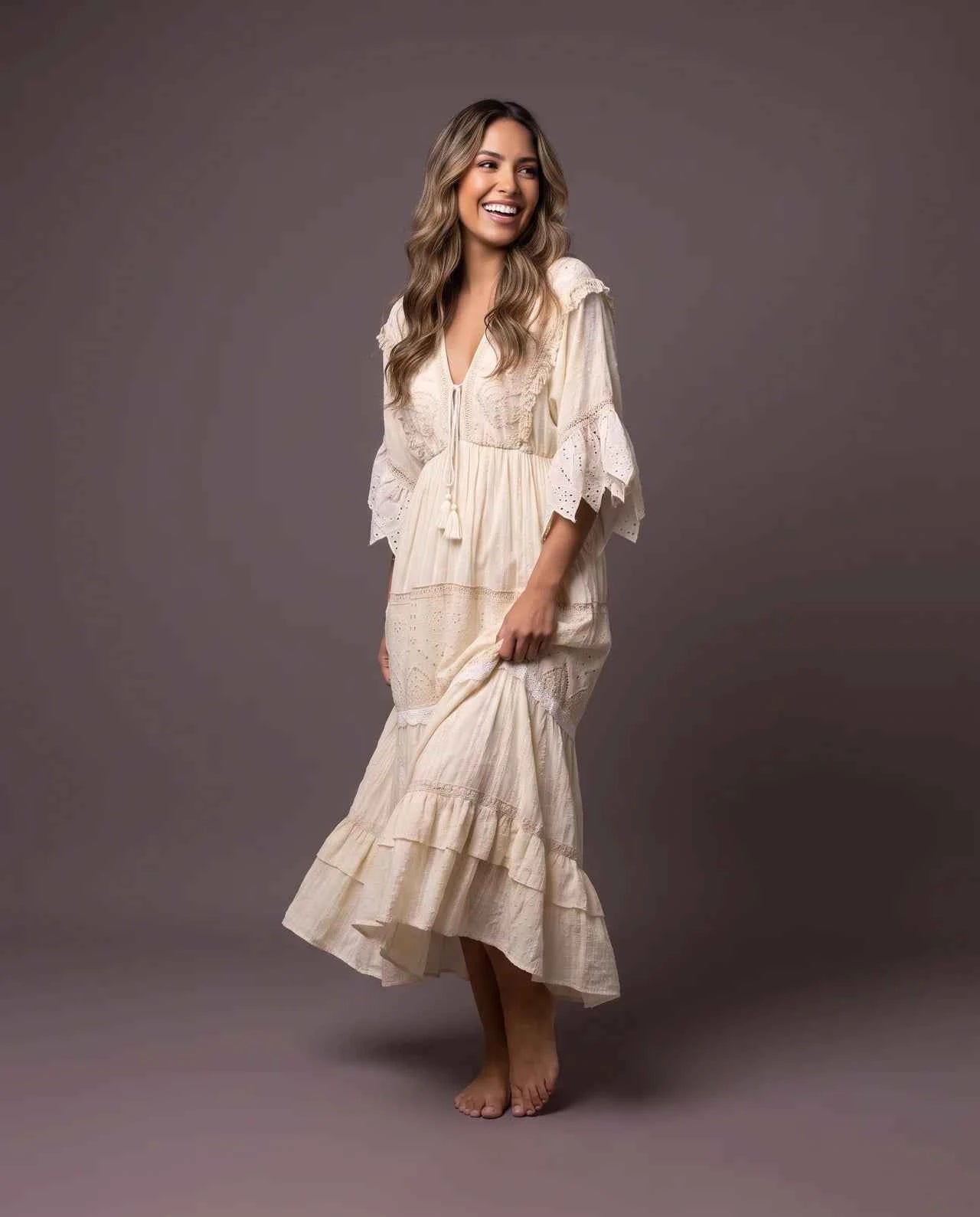 Zaylune Long Dress – Luxury Cotton Long Dress with Intricate Handcrafted Embroidery, Pearl Accents, Lace Detailing & Signature Fringe