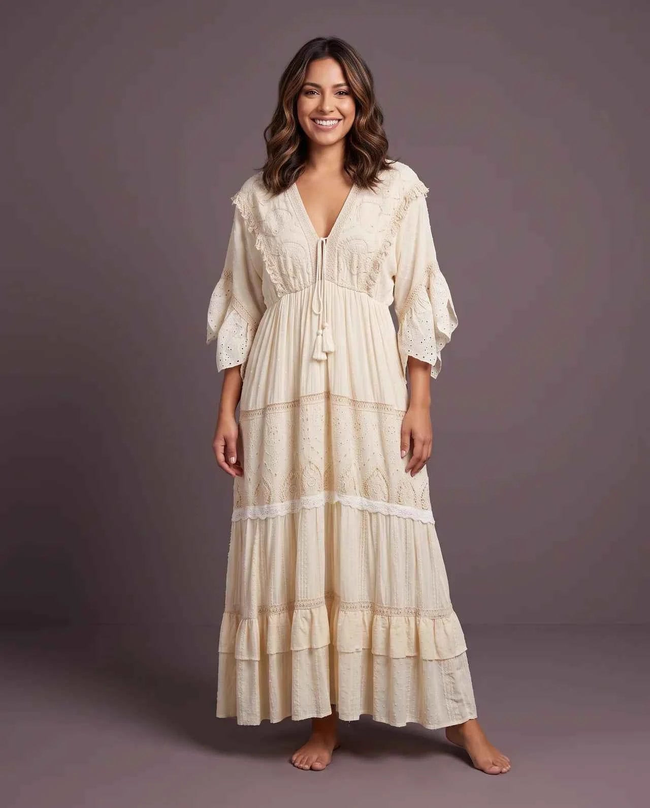 Zaylune Long Dress – Luxury Cotton Long Dress with Intricate Handcrafted Embroidery, Pearl Accents, Lace Detailing & Signature Fringe
