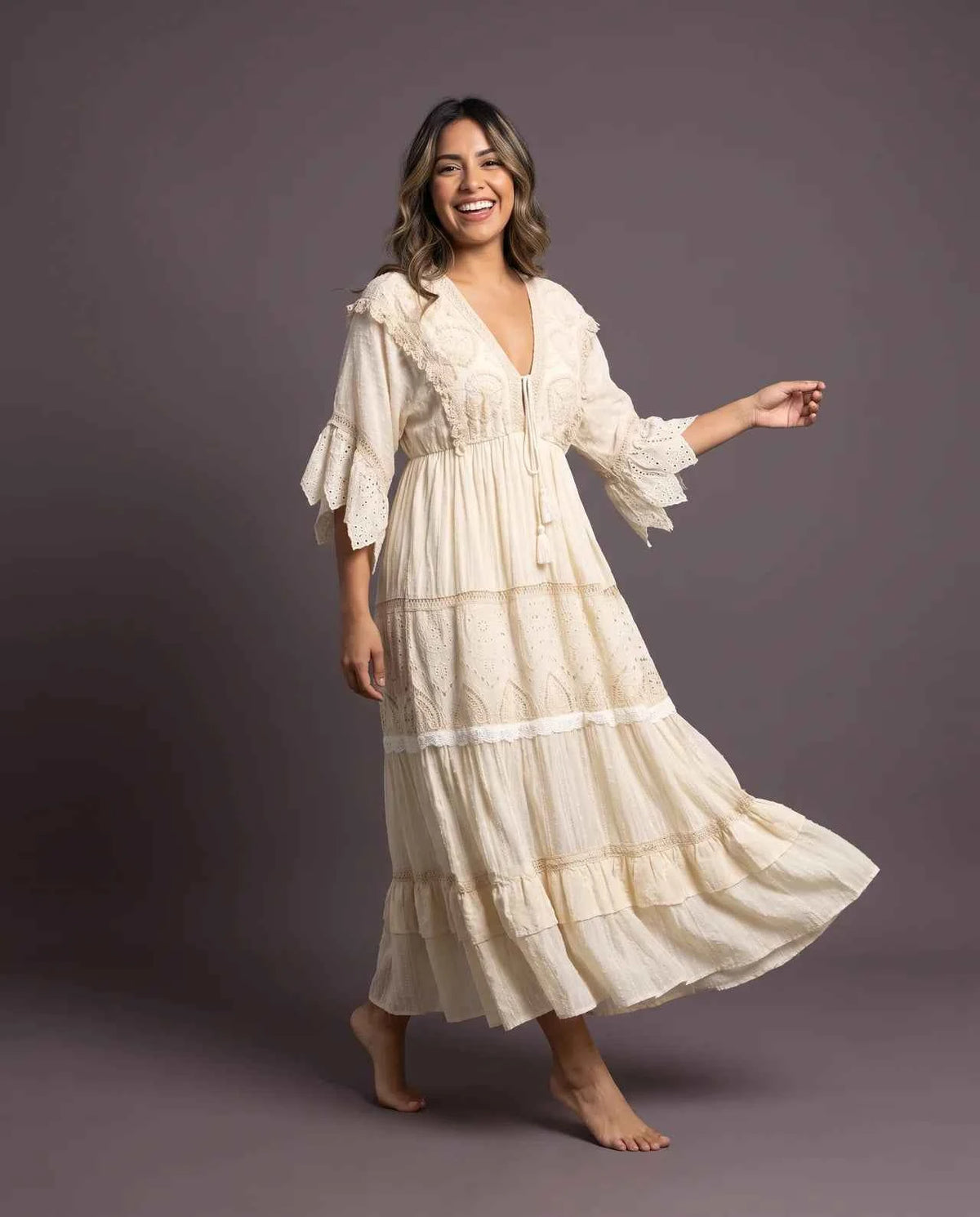 Zaylune Long Dress – Luxury Cotton Long Dress with Intricate Handcrafted Embroidery, Pearl Accents, Lace Detailing & Signature Fringe
