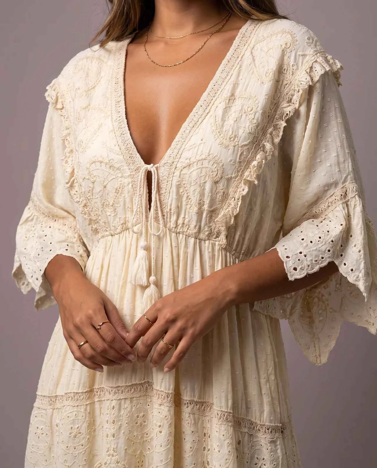 Zaylune Long Dress – Luxury Cotton Long Dress with Intricate Handcrafted Embroidery, Pearl Accents, Lace Detailing & Signature Fringe