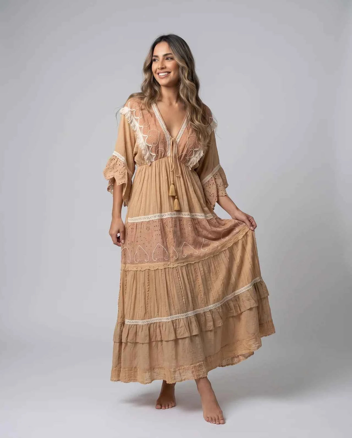 Zaylune Long Dress – Luxury Cotton Long Dress with Intricate Handcrafted Embroidery, Pearl Accents, Lace Detailing & Signature Fringe