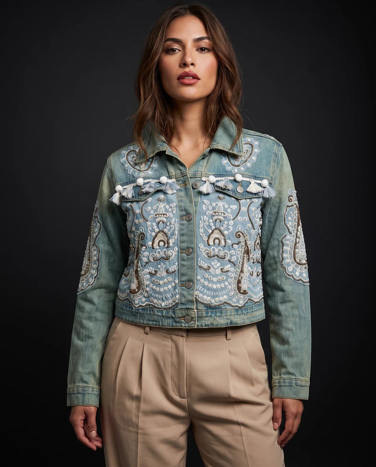 Zarqa Jacket – Handcrafted Denim Adorned with Intricate Embroidery, Sequins & Stonework