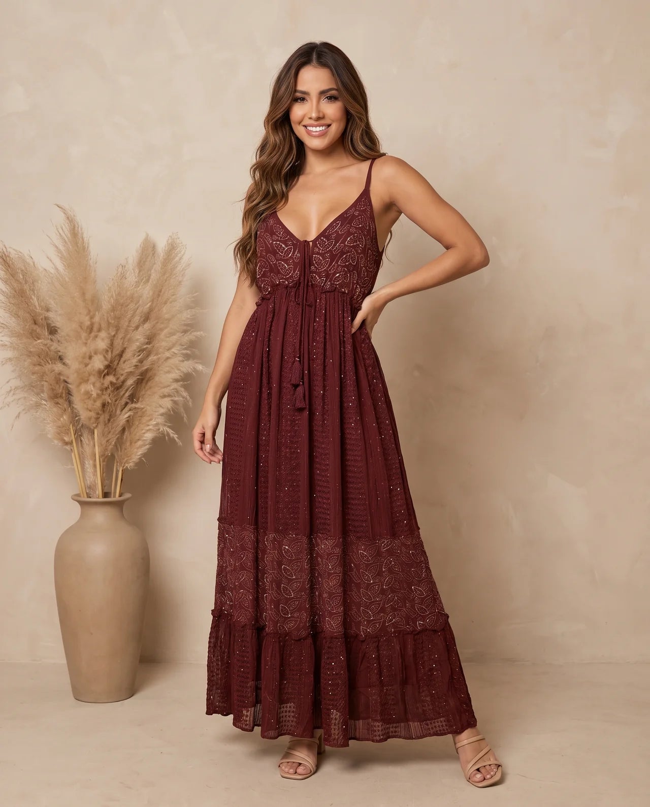 ZAYA – Exquisite Viscose Strap Maxi Dress with Intricate Stonework, Artisan-Inspired Motifs & Flowing Bohemian Silhouette