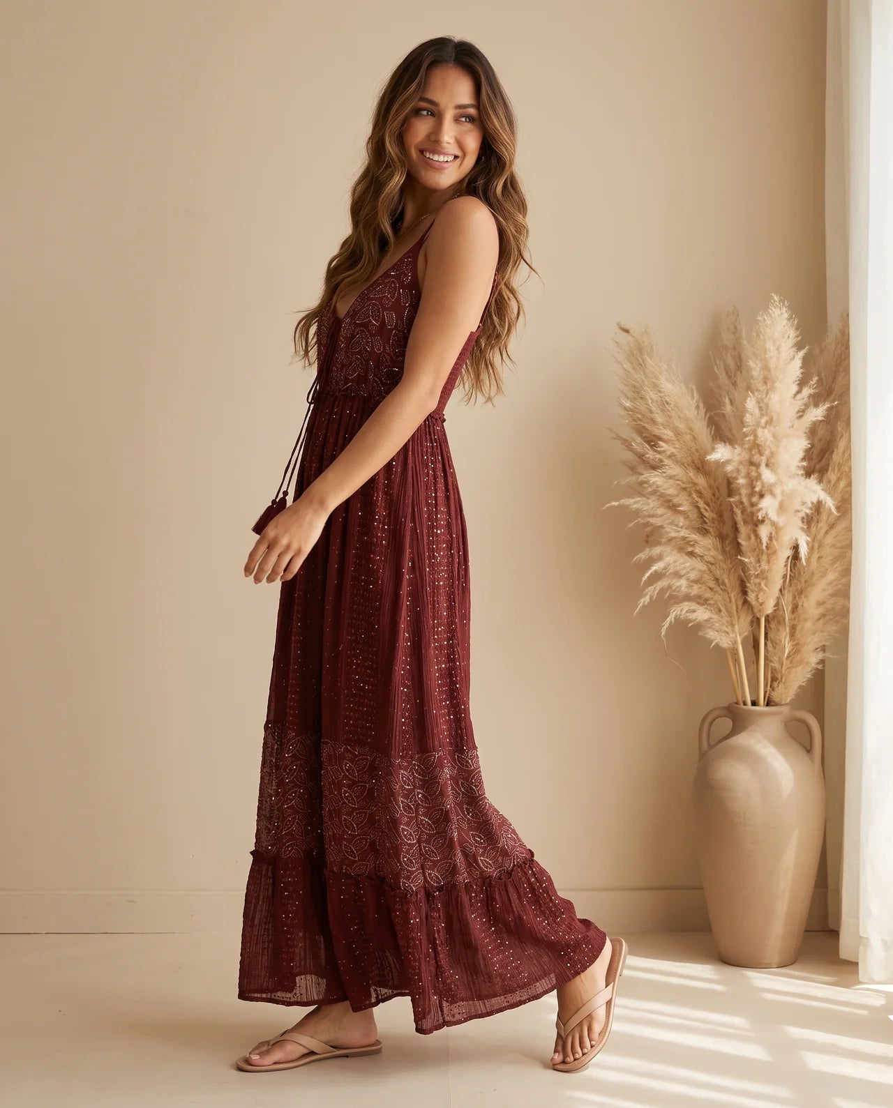 ZAYA – Exquisite Viscose Strap Maxi Dress with Intricate Stonework, Artisan-Inspired Motifs & Flowing Bohemian Silhouette