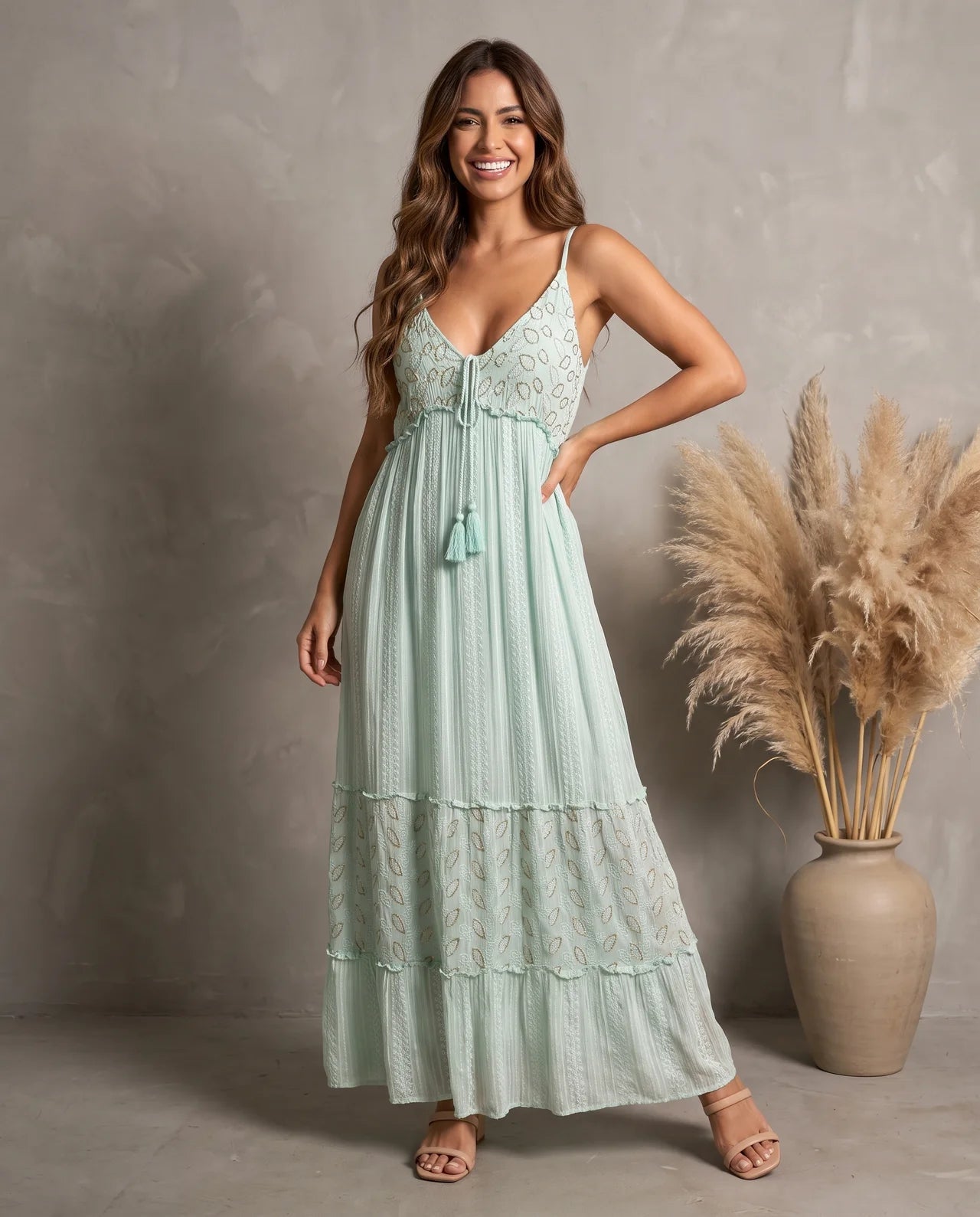 ZAYA – Exquisite Viscose Strap Maxi Dress with Intricate Stonework, Artisan-Inspired Motifs & Flowing Bohemian Silhouette
