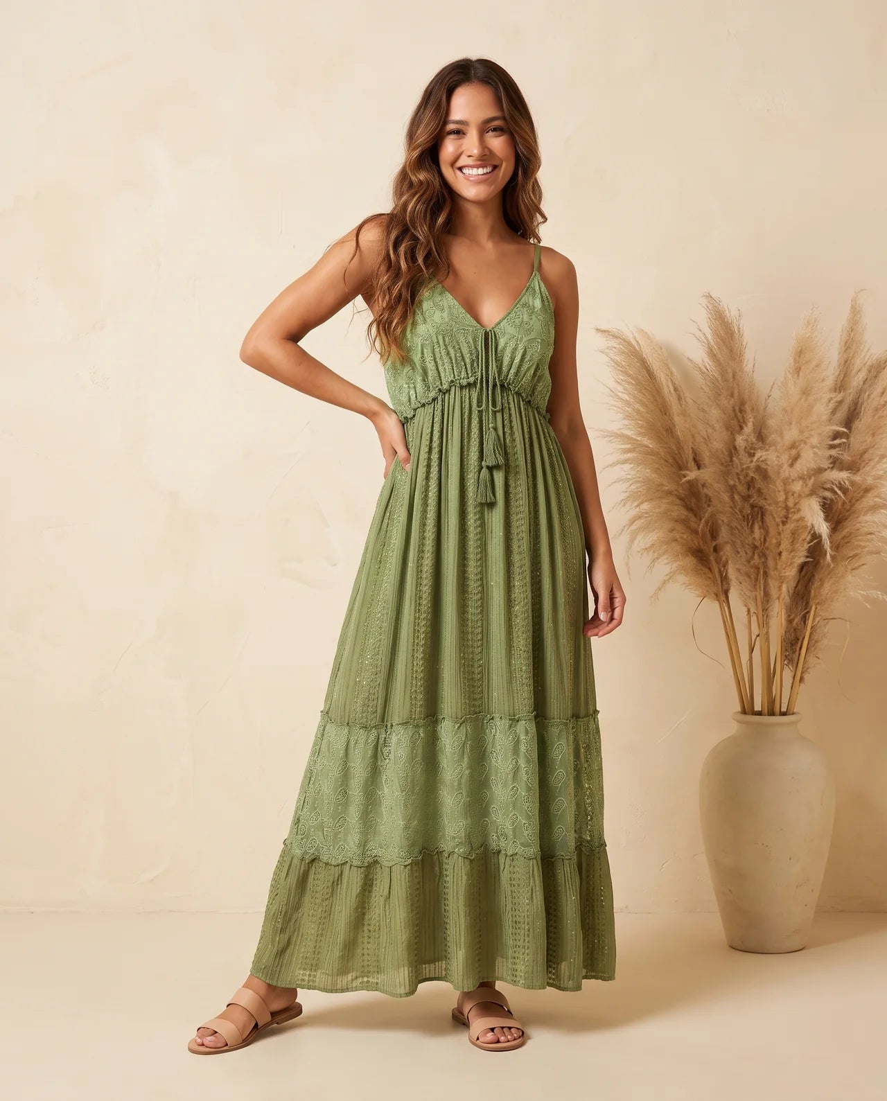 ZAYA – Exquisite Viscose Strap Maxi Dress with Intricate Stonework, Artisan-Inspired Motifs & Flowing Bohemian Silhouette