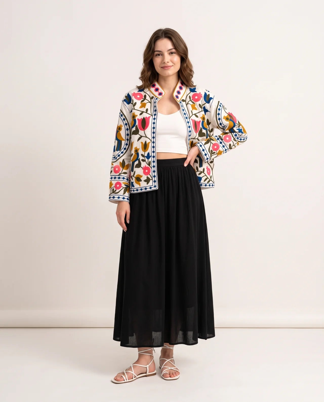 ZIRA Handcrafted Floral & Geometric Embroidered Velvet & Cotton Jacket