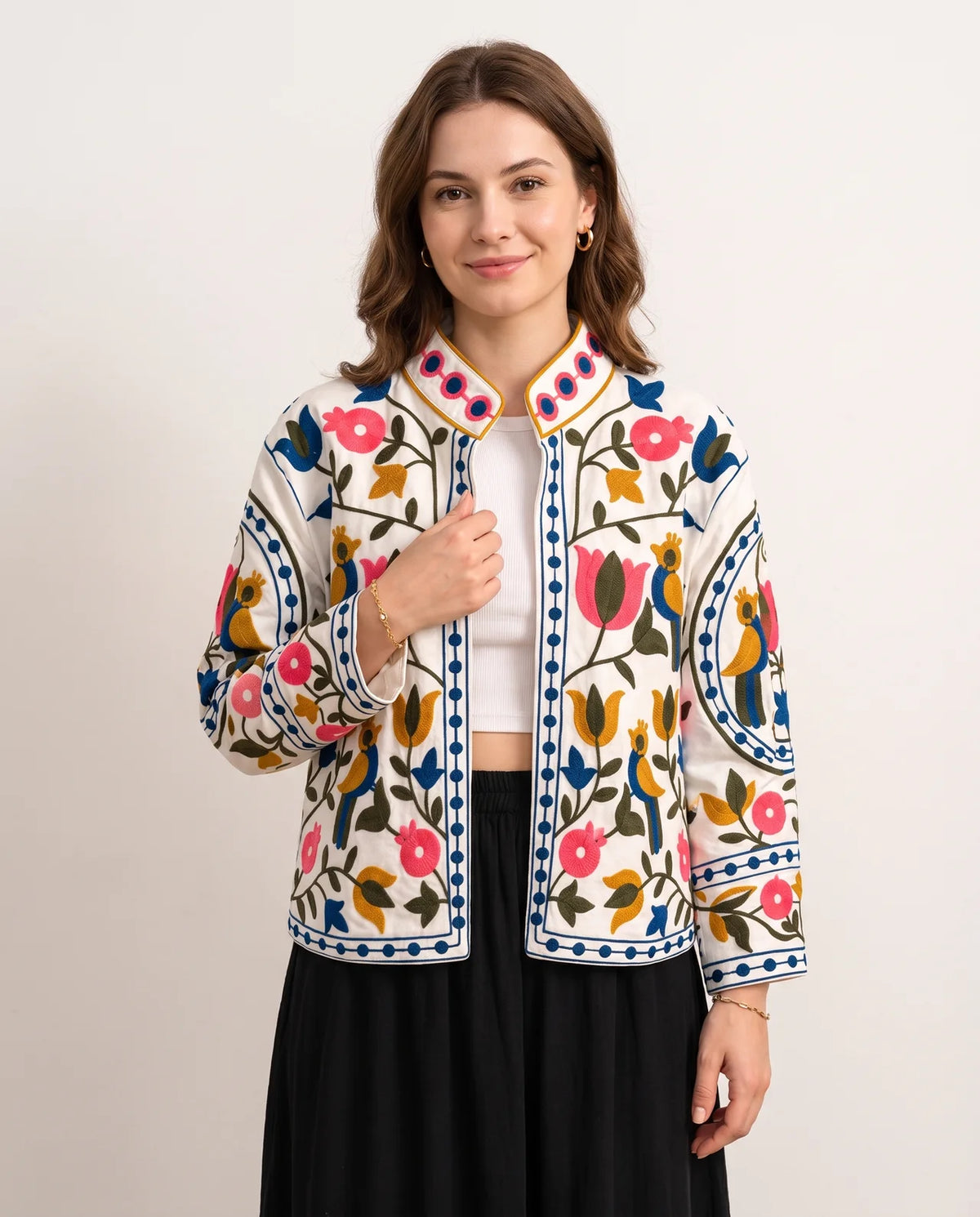 ZIRA Handcrafted Floral & Geometric Embroidered Velvet & Cotton Jacket
